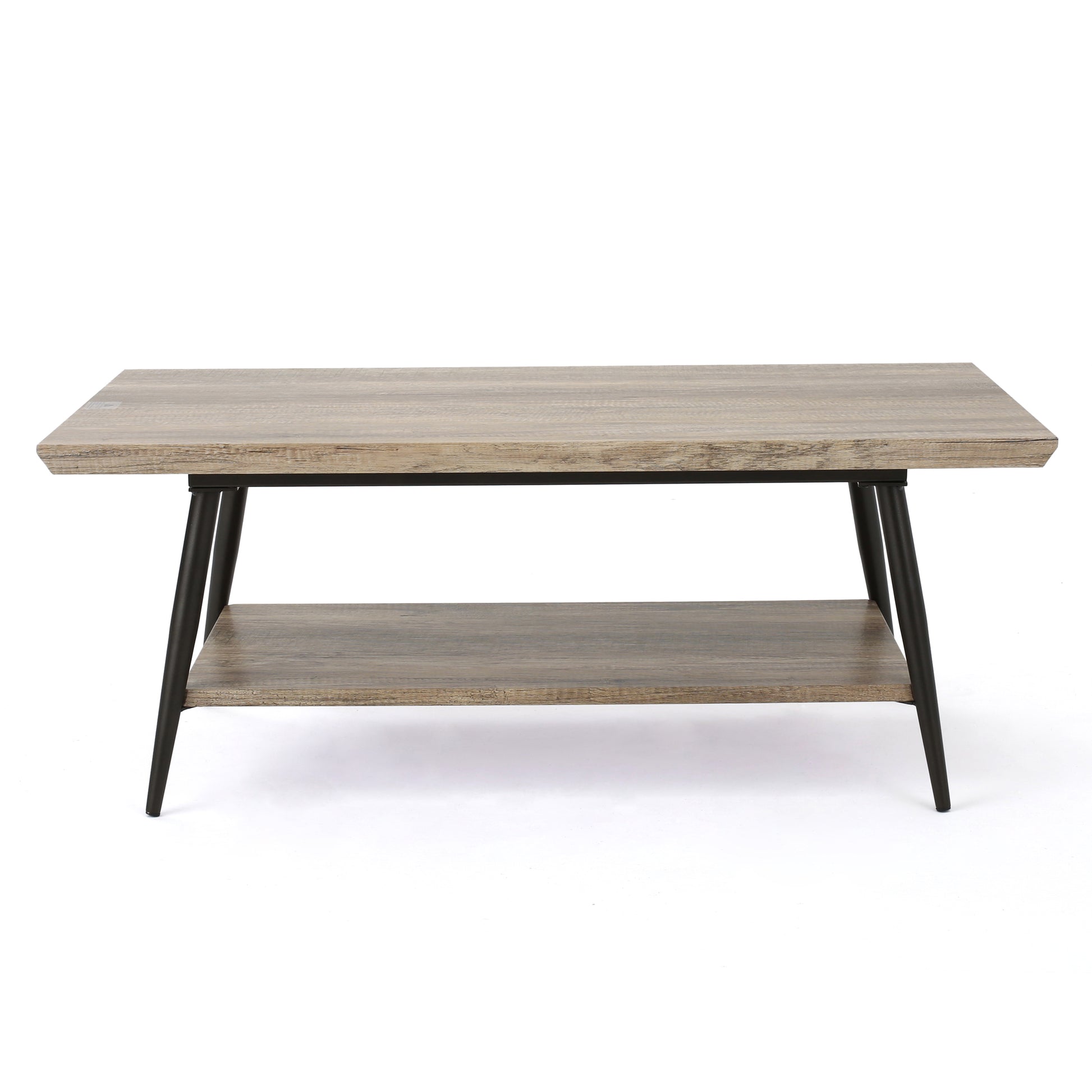 Modern coffee table with rustic wood finish and black metal legs