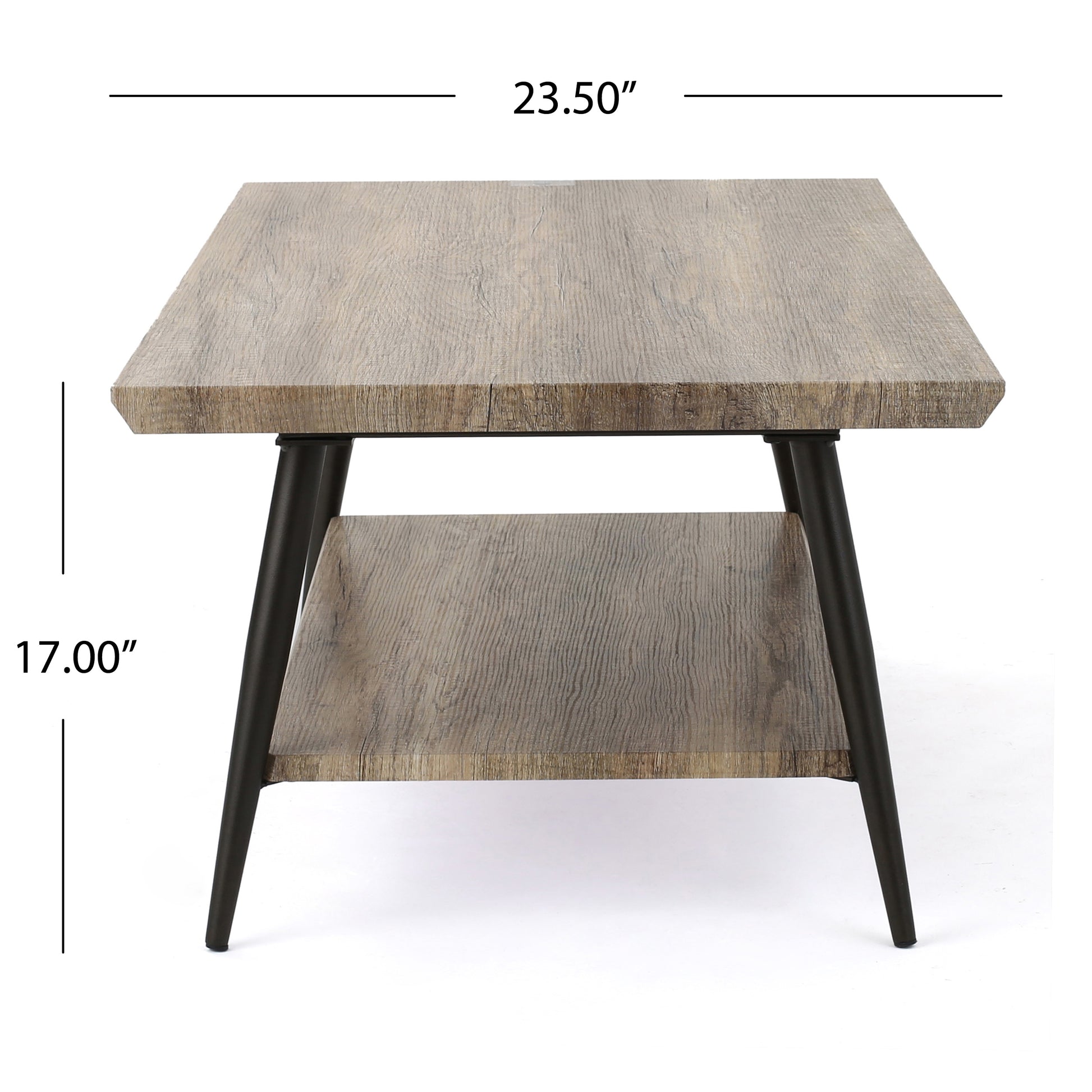 Twotiered rustic wood coffee table with black metal legs  x