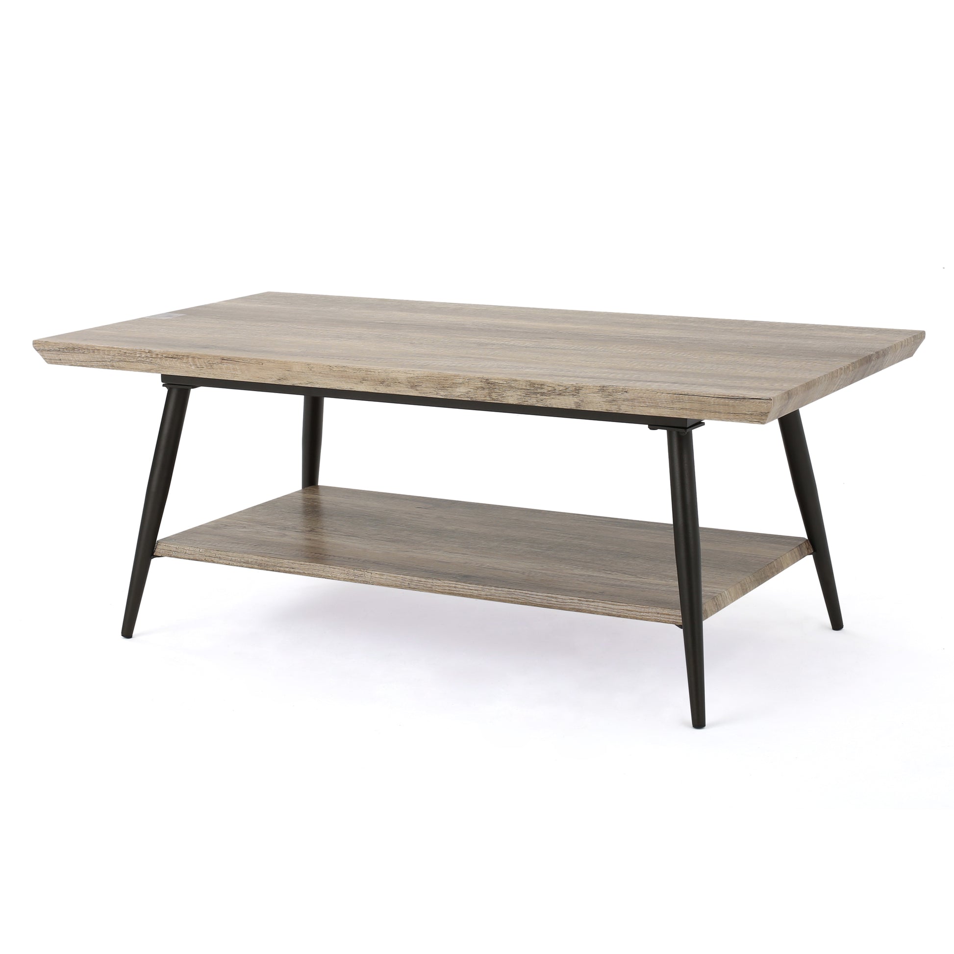 Rustic oak finish coffee table with black metal legs and lower shelf