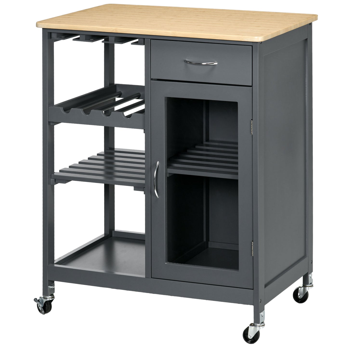 Gray kitchen island cart with wooden top wine rack and glass door cabinet