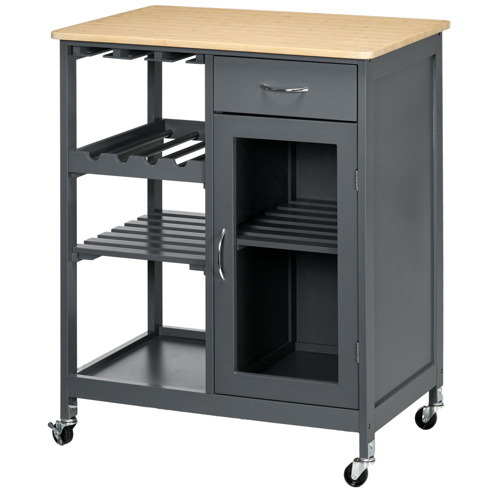 Gray kitchen island cart with wooden top wine rack and glass door cabinet