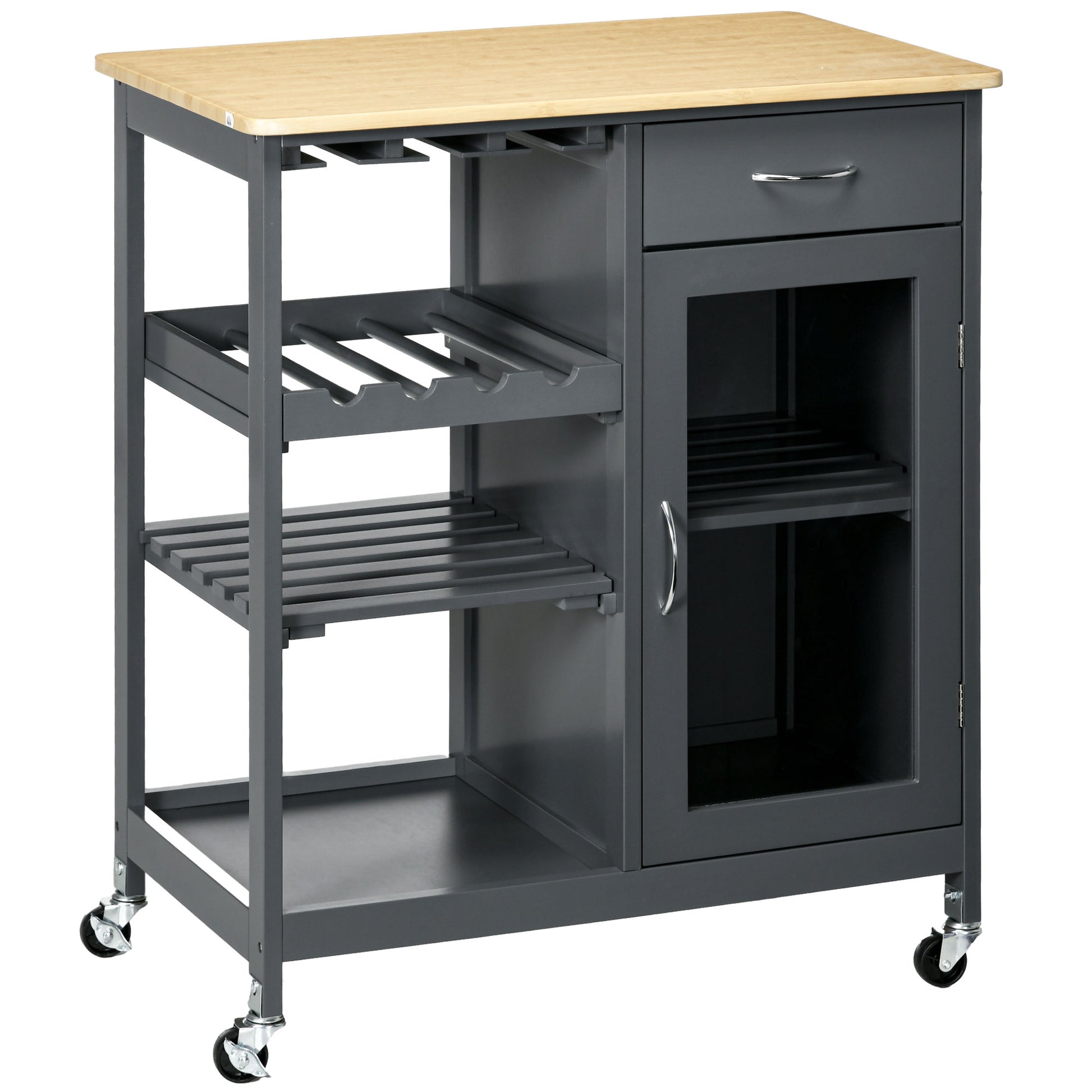 Dark grey kitchen cart with bamboo top wine rack drawer and glassdoor cabinet on wheels