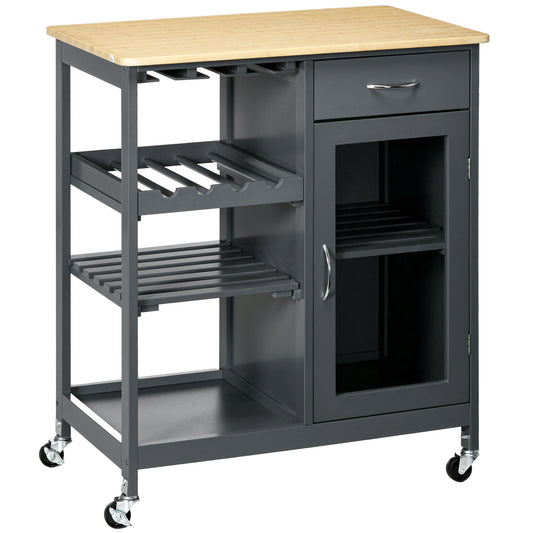 Dark grey kitchen cart with bamboo top wine rack drawer and glassdoor cabinet on wheels