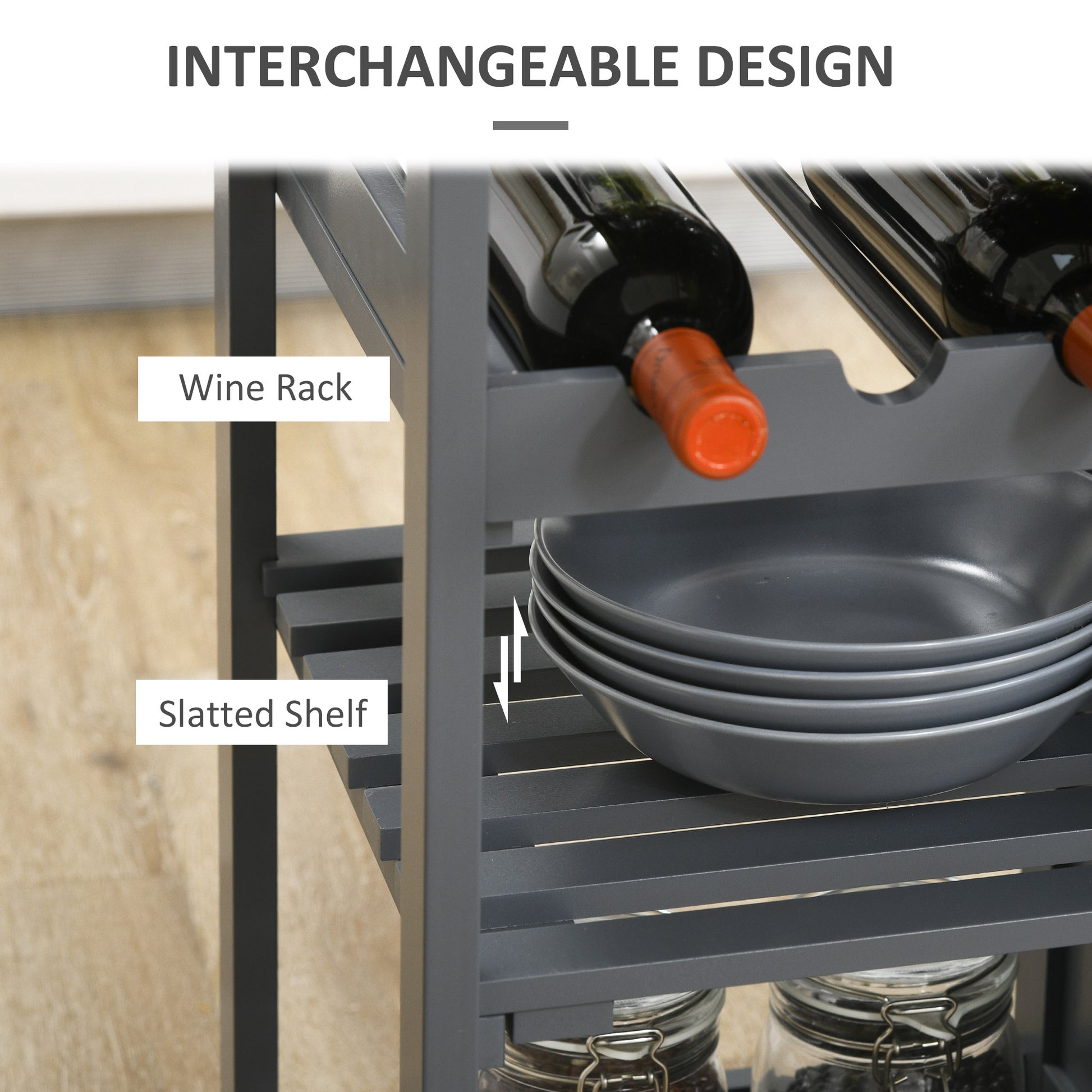 Dark gray metal wine rack holding two bottles of red wine