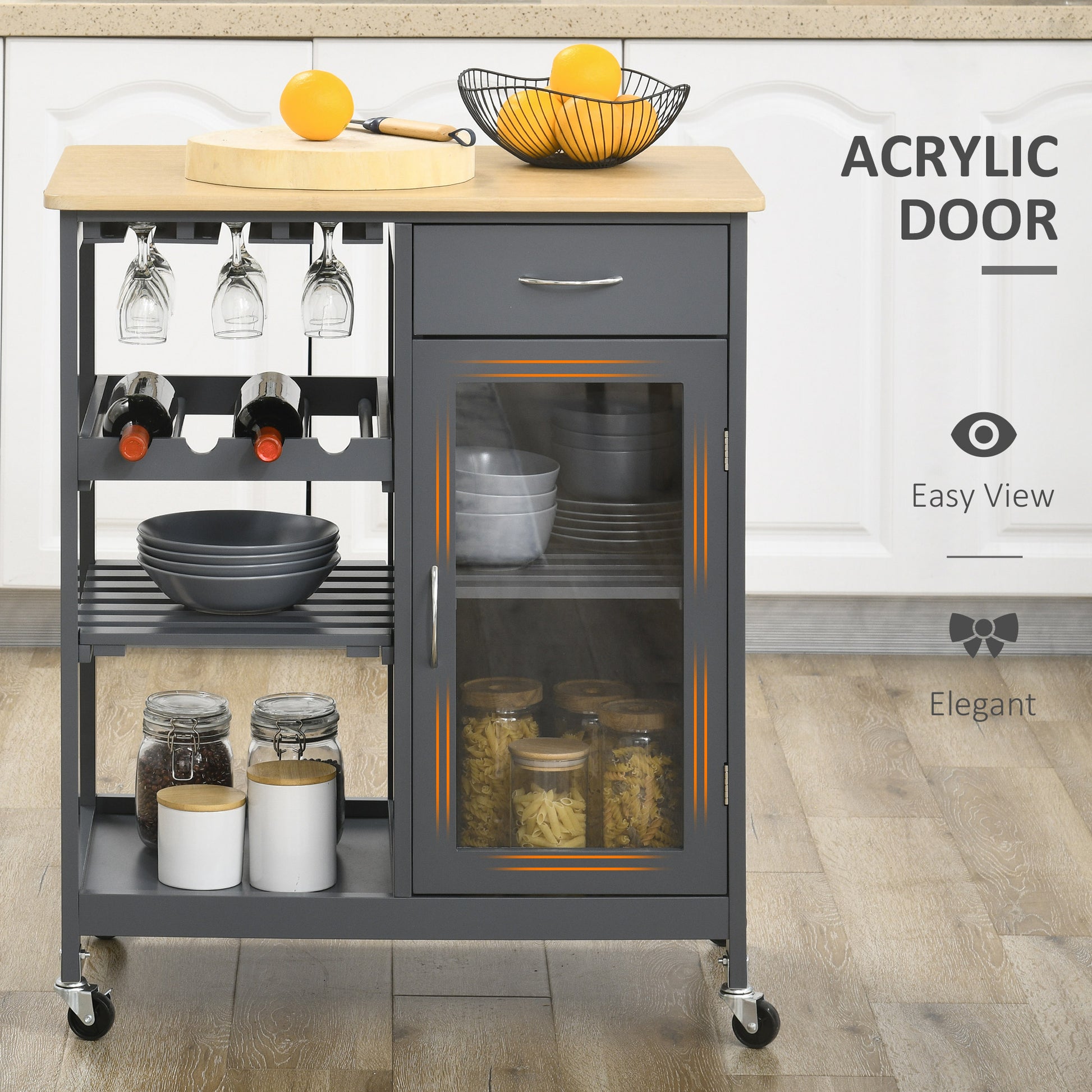 Dark gray kitchen cart with wooden top wine rack and glassware holder