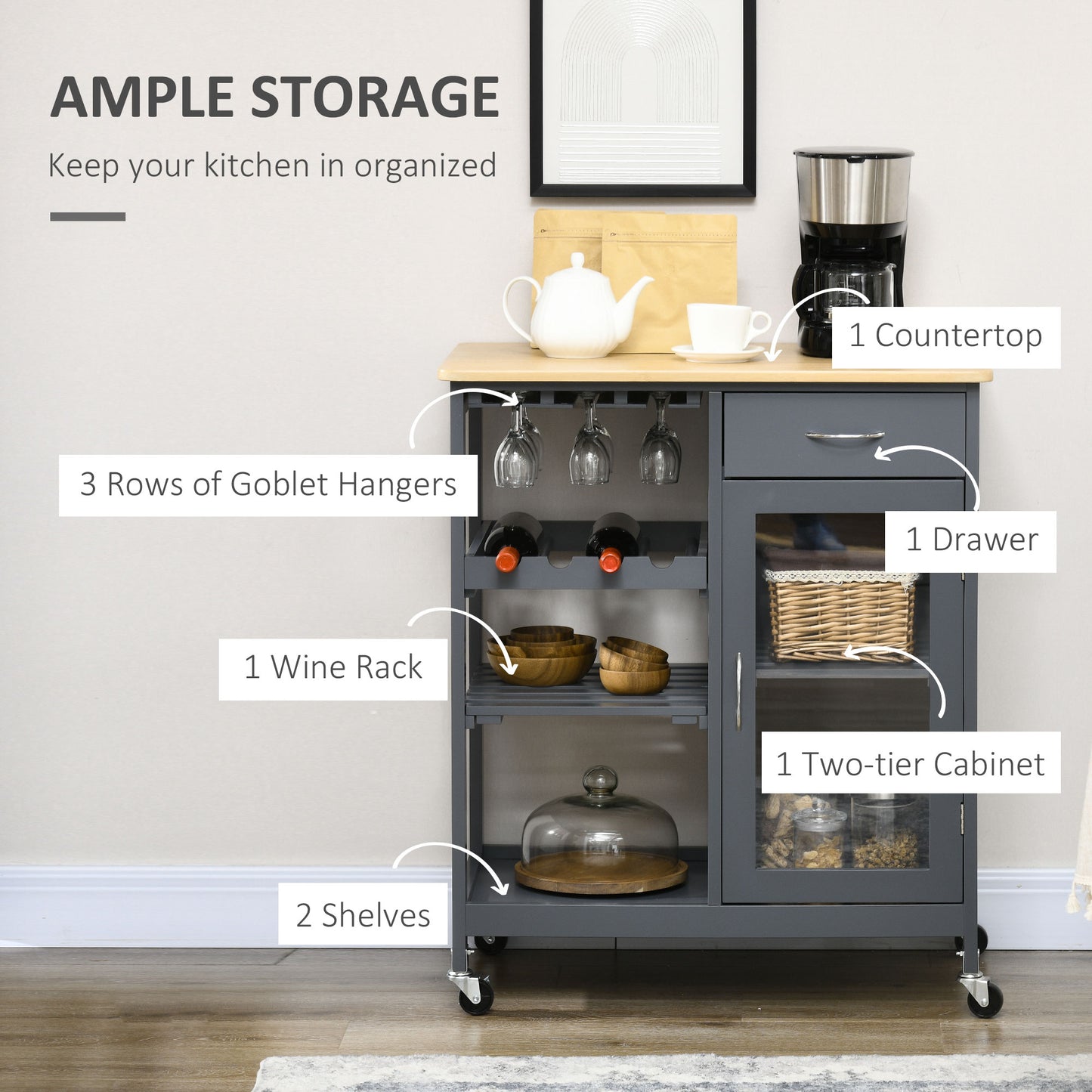 Gray kitchen cart with wooden countertop wine rack and goblet storage