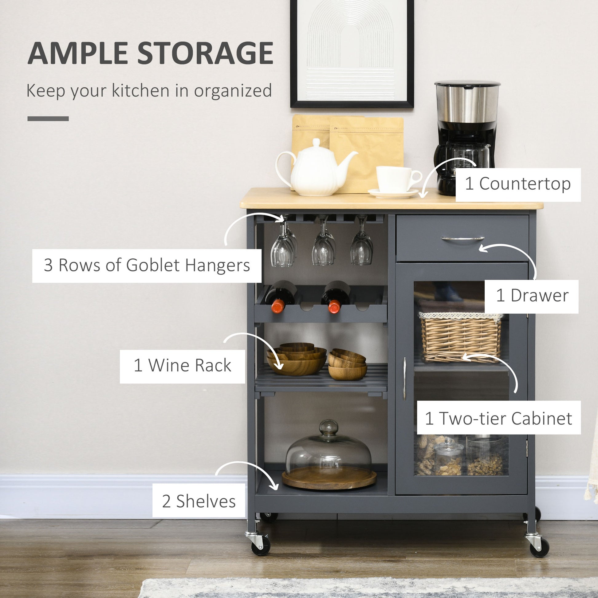 Gray kitchen cart with wooden countertop wine rack and goblet storage