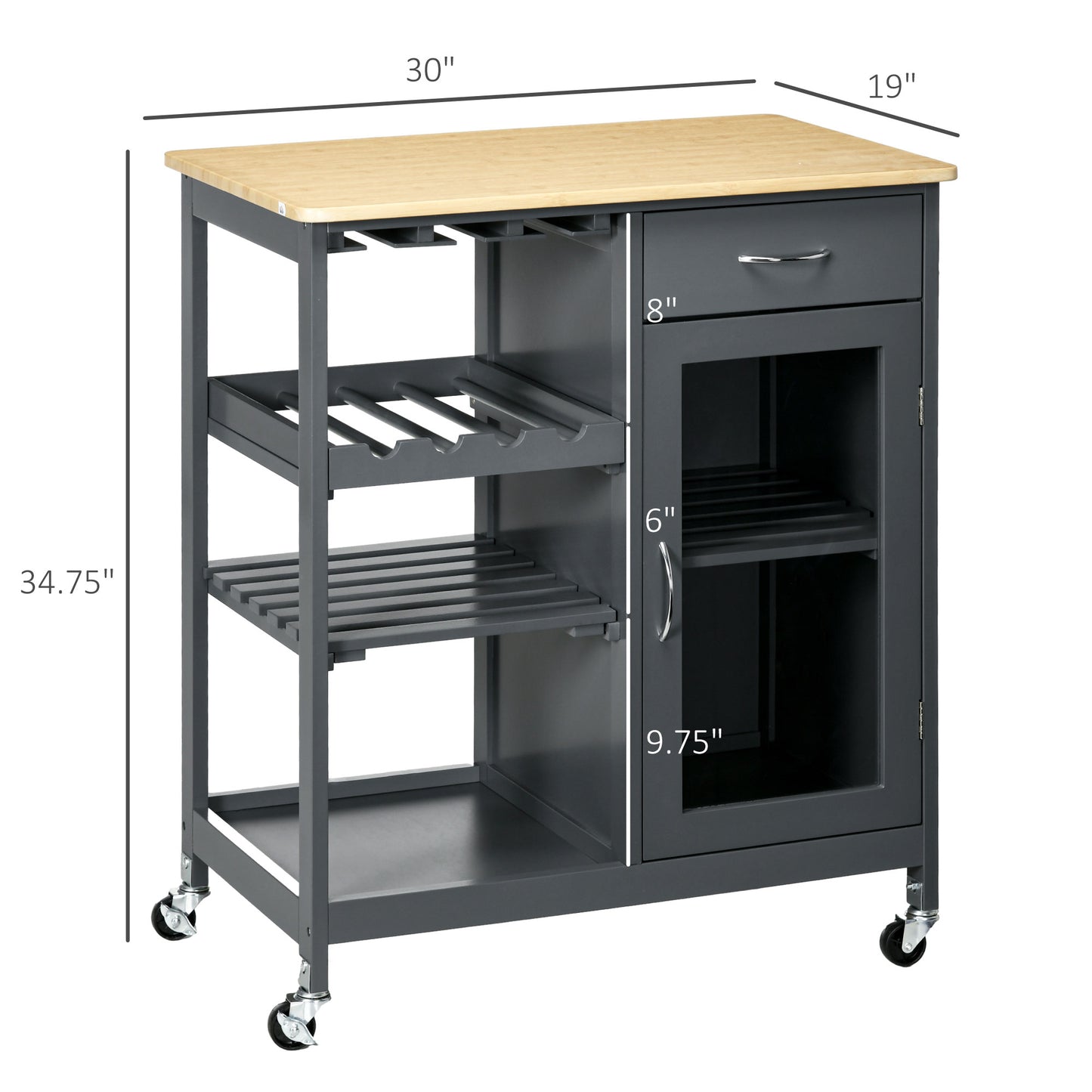 Gray kitchen cart with bamboo top three shelves wine rack and single drawer