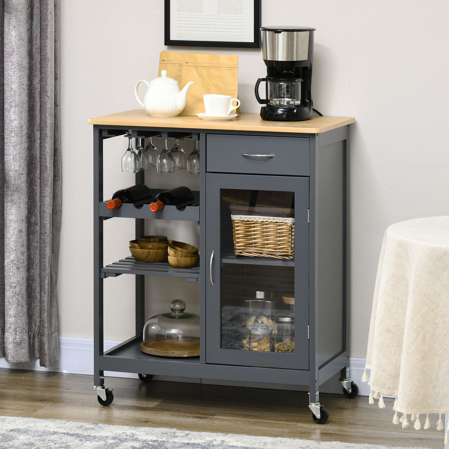 Grey kitchen cart with wine rack and glass cabinet