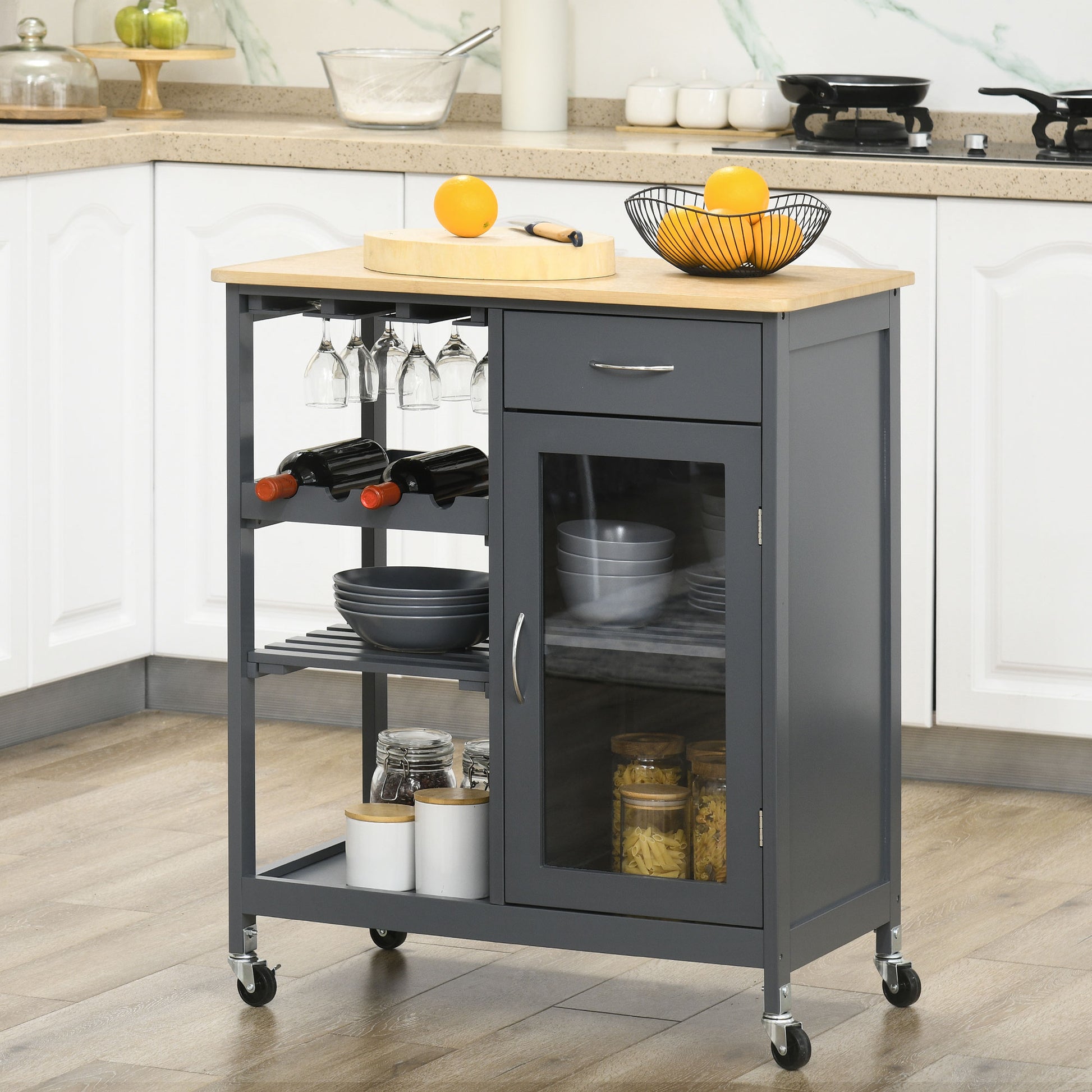 Dark grey kitchen cart with bamboo top glass cabinet and wine rack