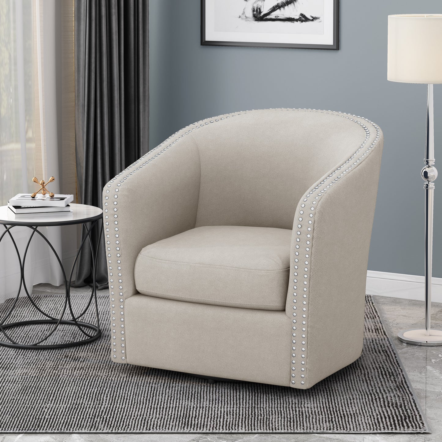 TREATLIFE HOME Upholstered Swivel Club Chair with Nailhead Accents, Contemporary Design, Wheat Color