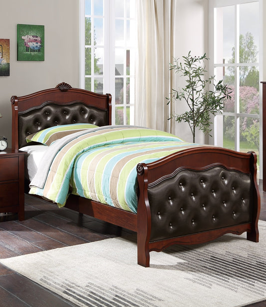 TREATLIFE HOME Twin Size Bed with Espresso Faux Leather Headboard and Footboard, Classic Traditional Design, Dark Cherry Finish