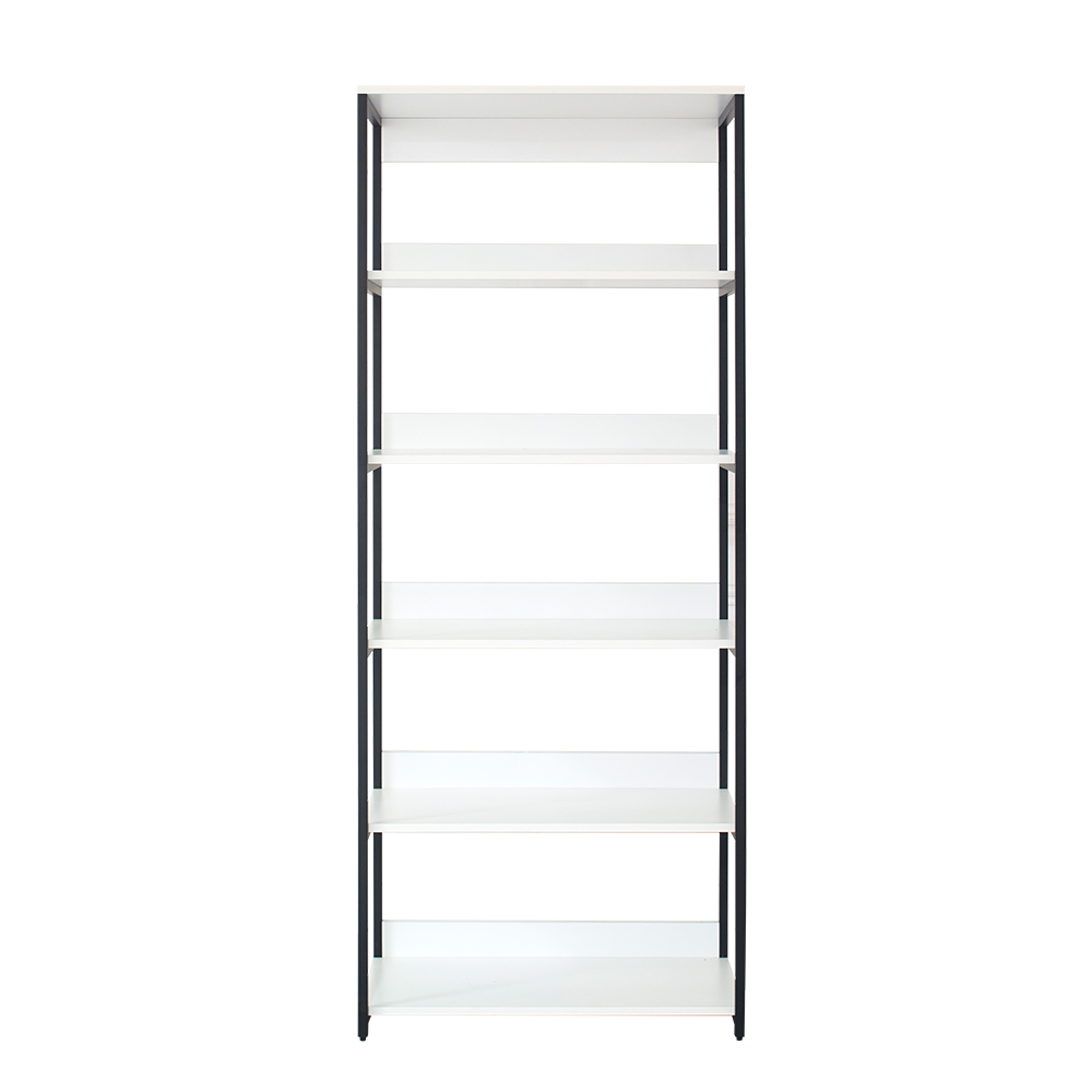 Modern white sixshelf display unit with black metal frame