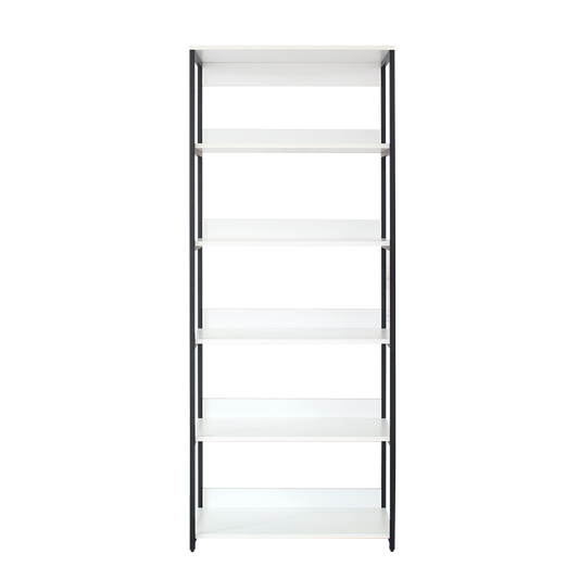 Modern white sixshelf display unit with black metal frame