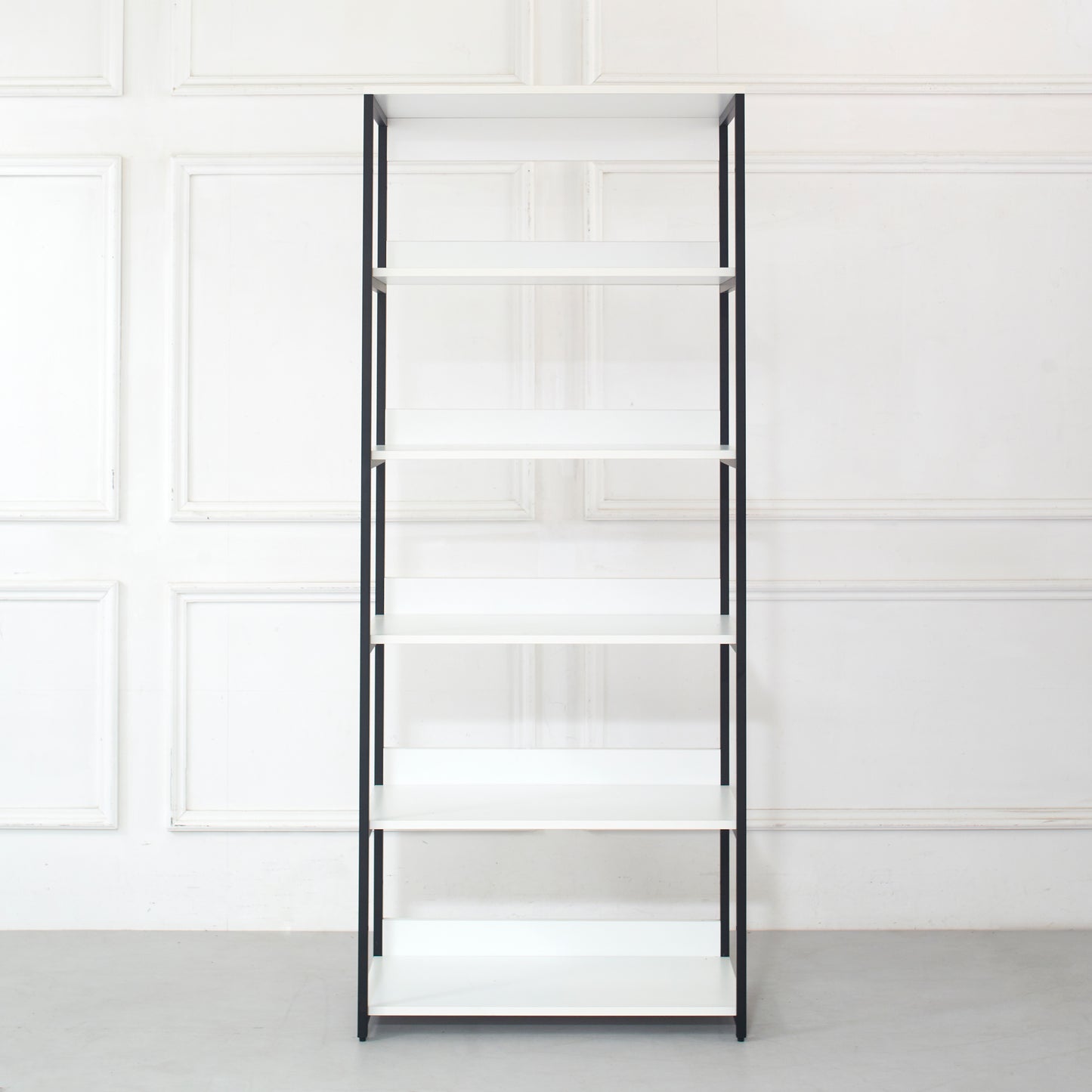 Tall white bookshelf with black metal frame