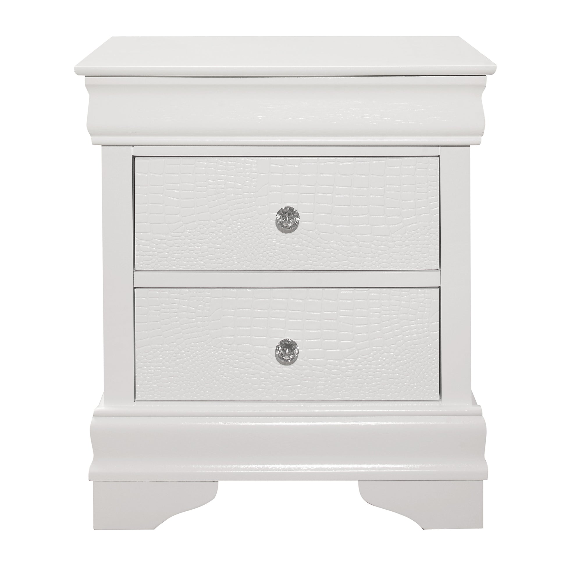 White faux croc drawer nightstand with crystal knobs