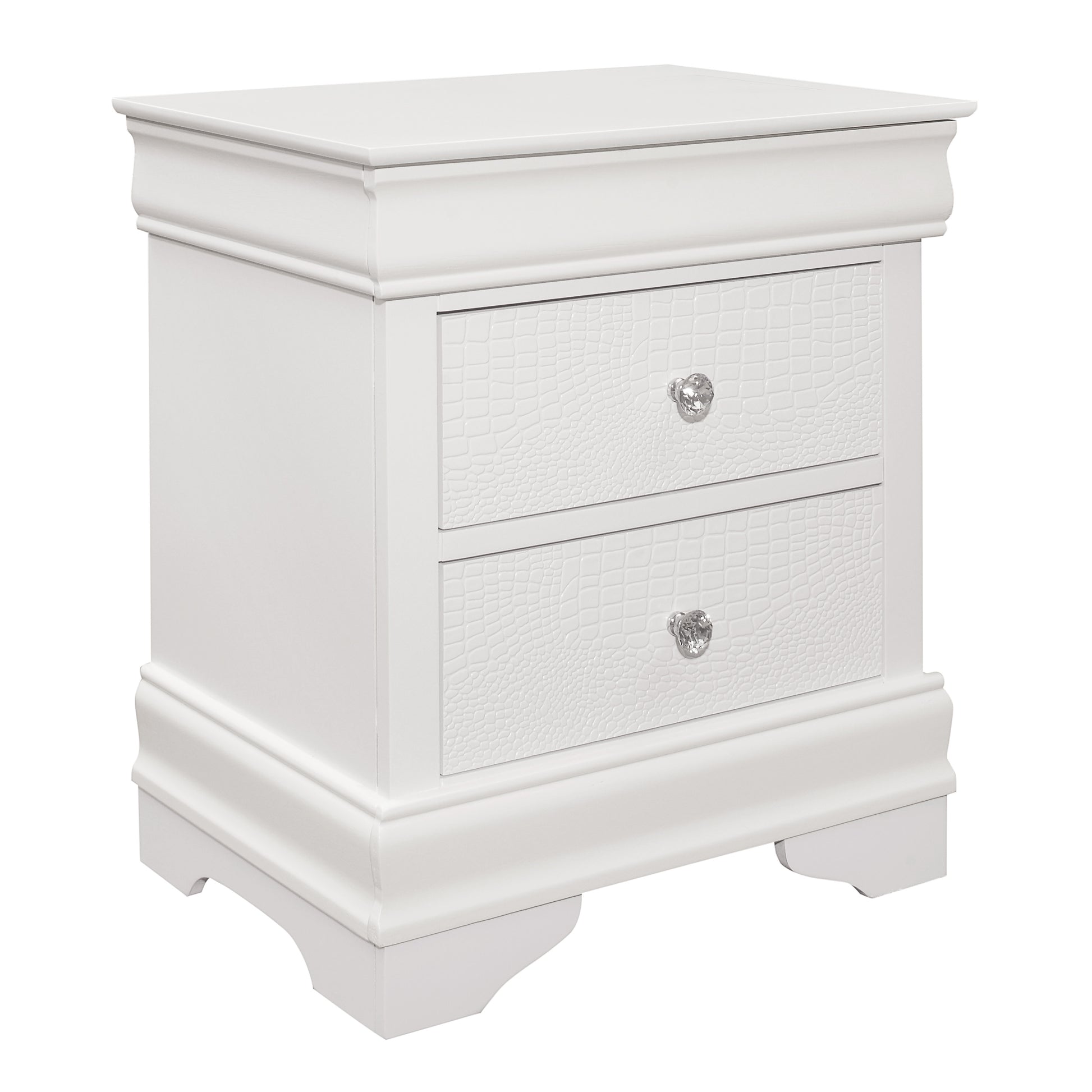 White twodrawer nightstand with crocodiletextured drawer fronts and crystal knobs