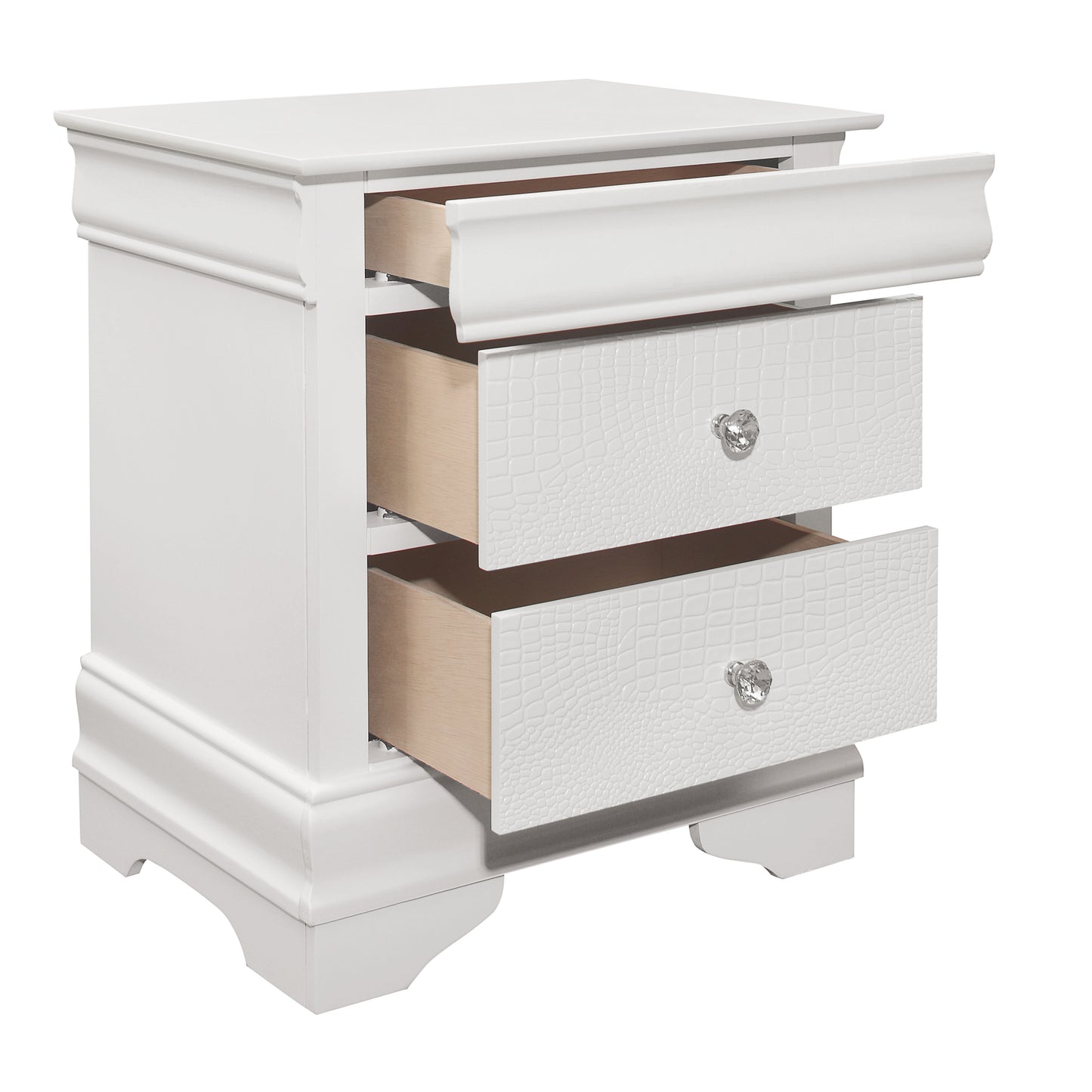 White crocodileembossed drawer nightstand with crystal knobs