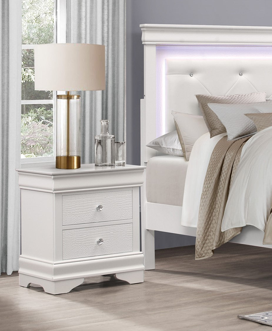 White leather headboard with diamond tufting and LED lighting