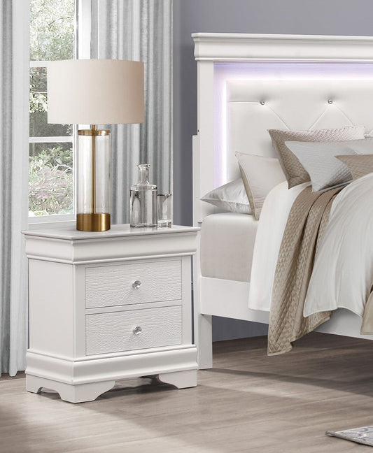 White leather headboard with diamond tufting and LED lighting