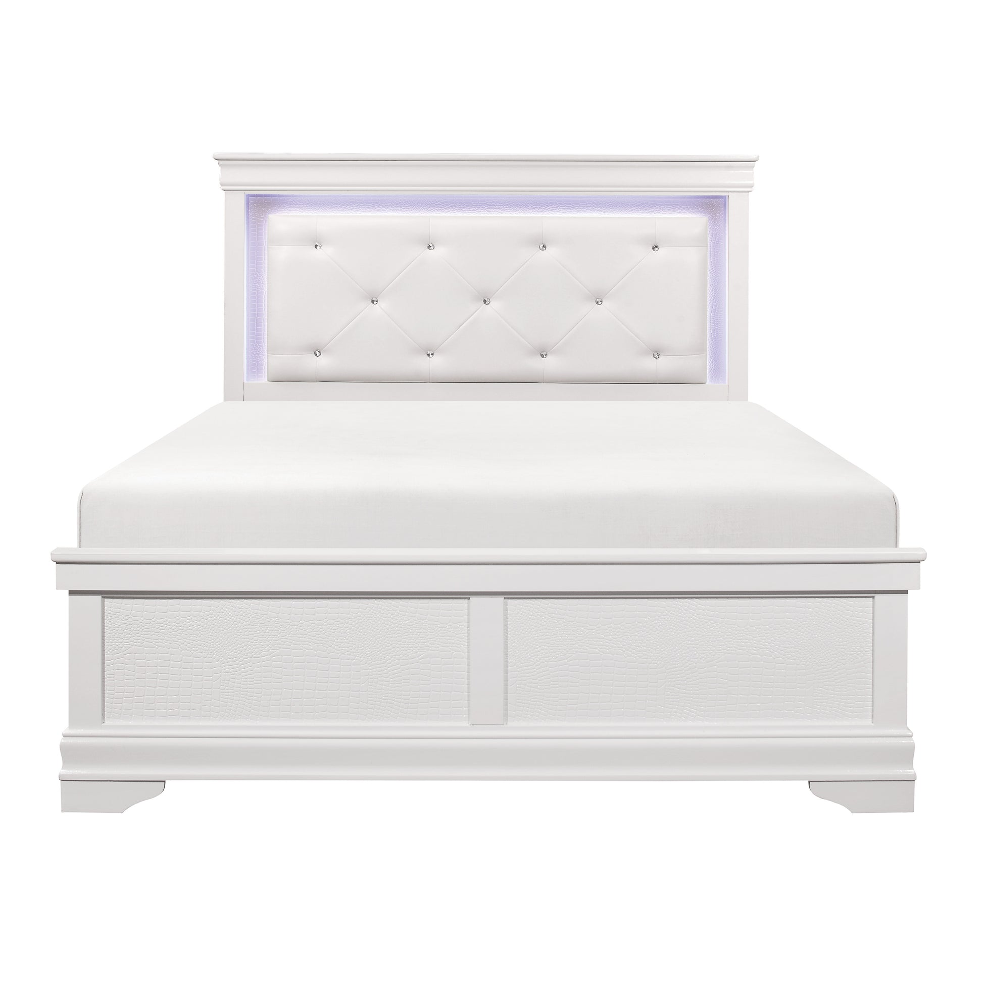 White upholstered bed frame with LED headboard lights