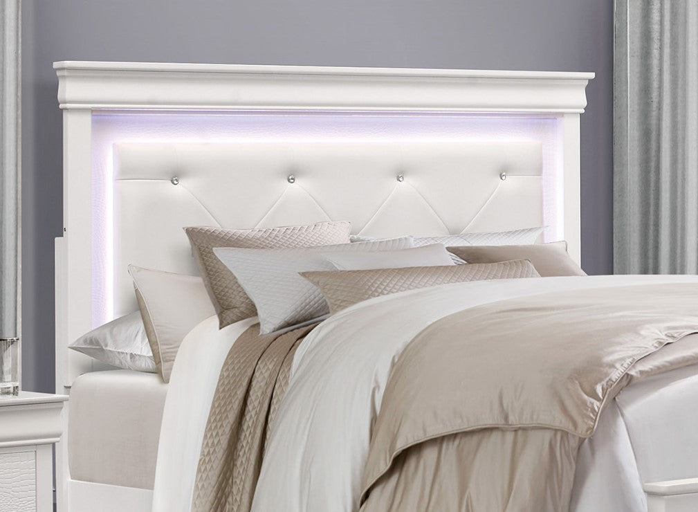 White tufted upholstered headboard with crystal buttons and LED backlighting