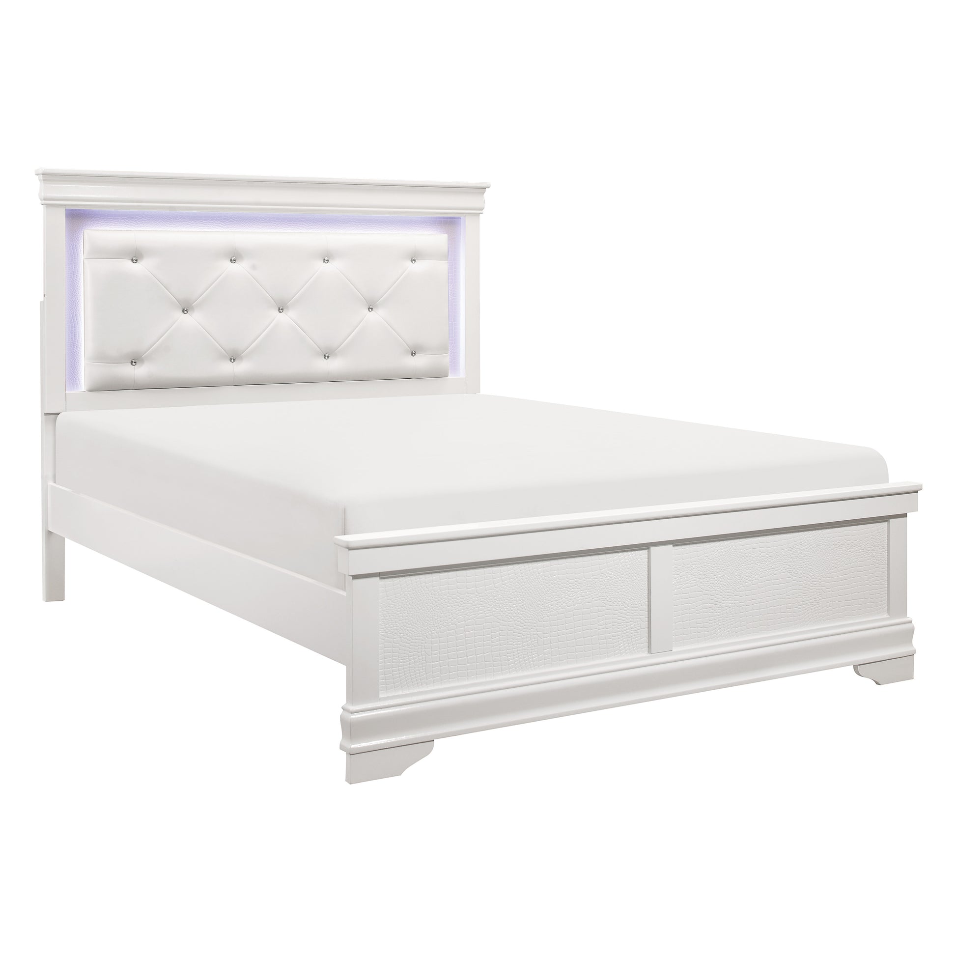 White upholstered bed frame with crystal tufting and LED lighting