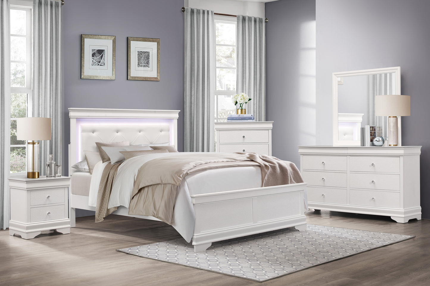 White upholstered king bed with LED headboard and diamond tufting