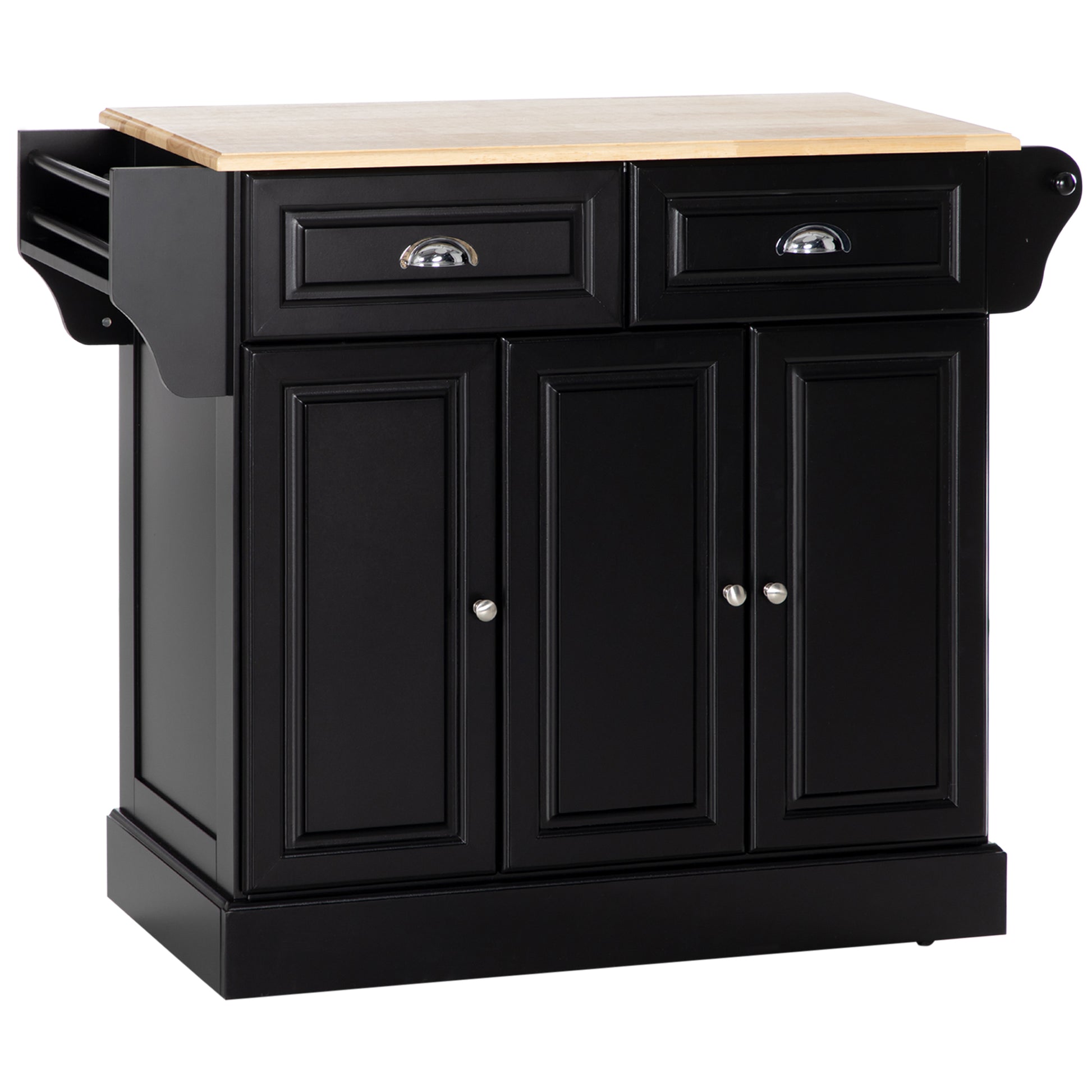 Black kitchen island cart with butcher block top and two drawers