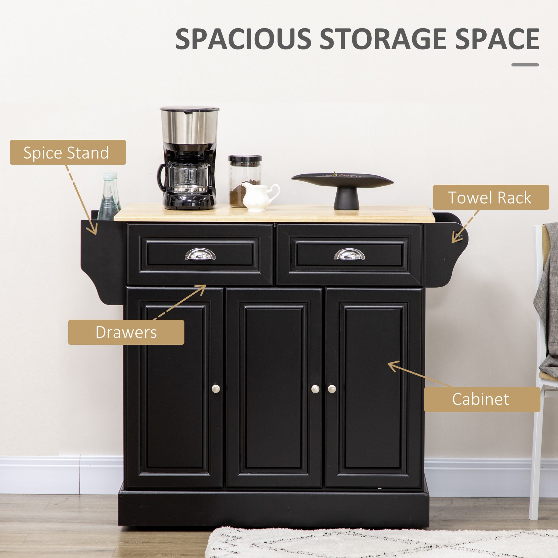 Black kitchen cart with butcher block top spice stand drawers and cabinet