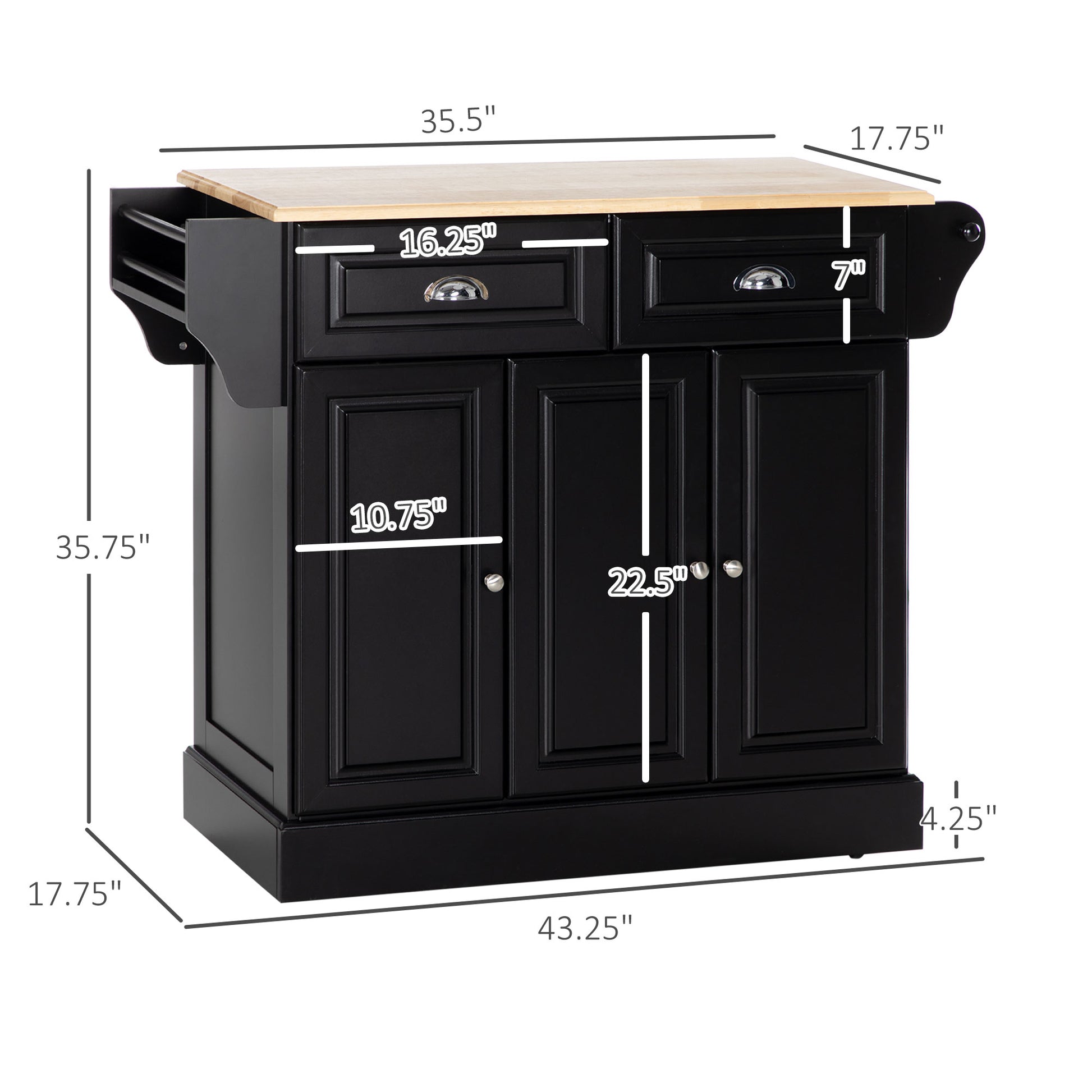 Black kitchen island cart with butcher block top and two drawers