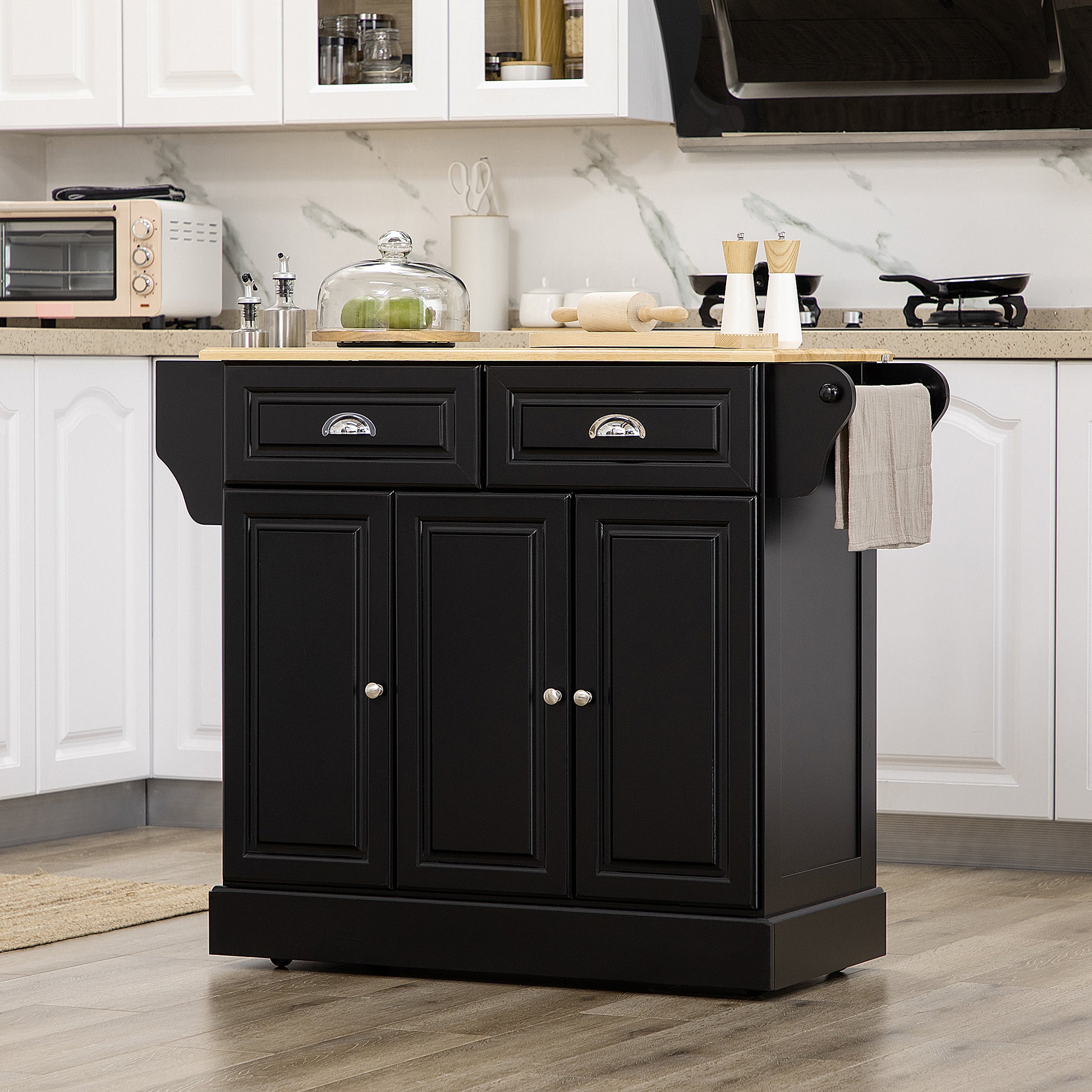 Black kitchen island with wooden countertop two drawers and cabinet doors