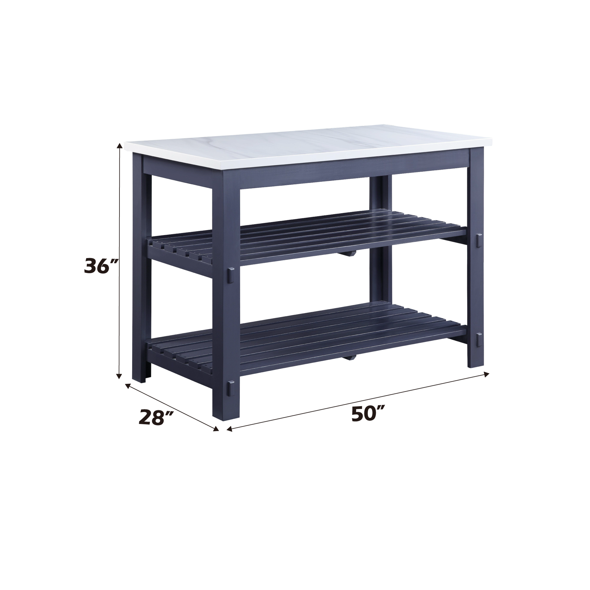 Navy blue kitchen island with faux marble top and two slatted shelves