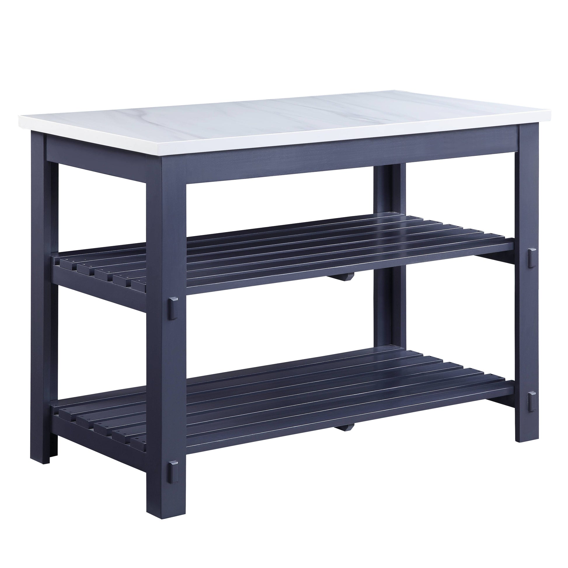 Dark blue kitchen island with marble top and slatted shelves