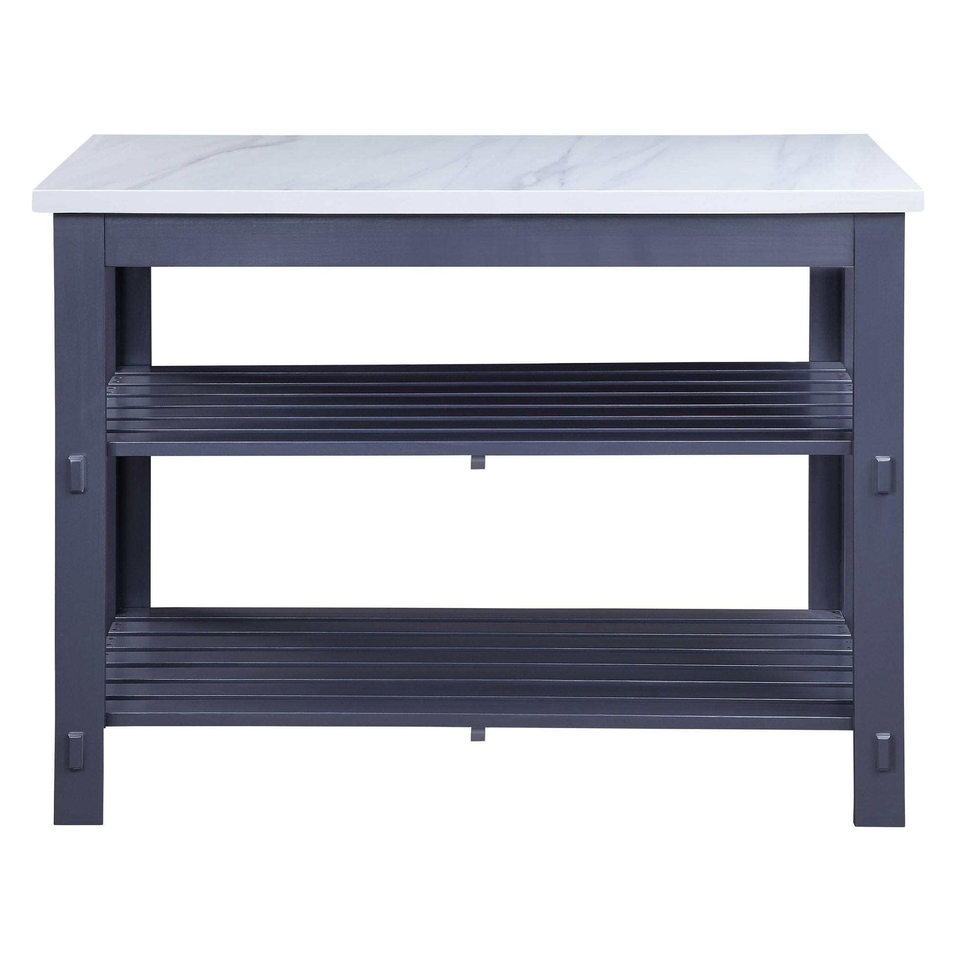 Dark gray console table with faux marble top and two slatted shelves