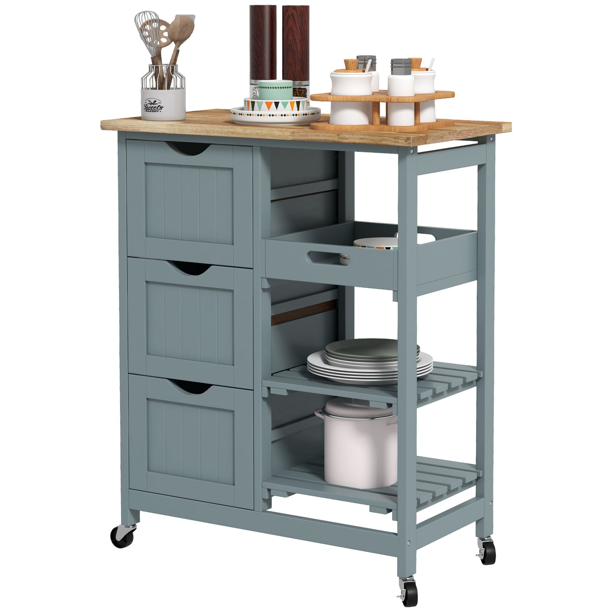 Gray kitchen cart with wooden top and storage shelves
