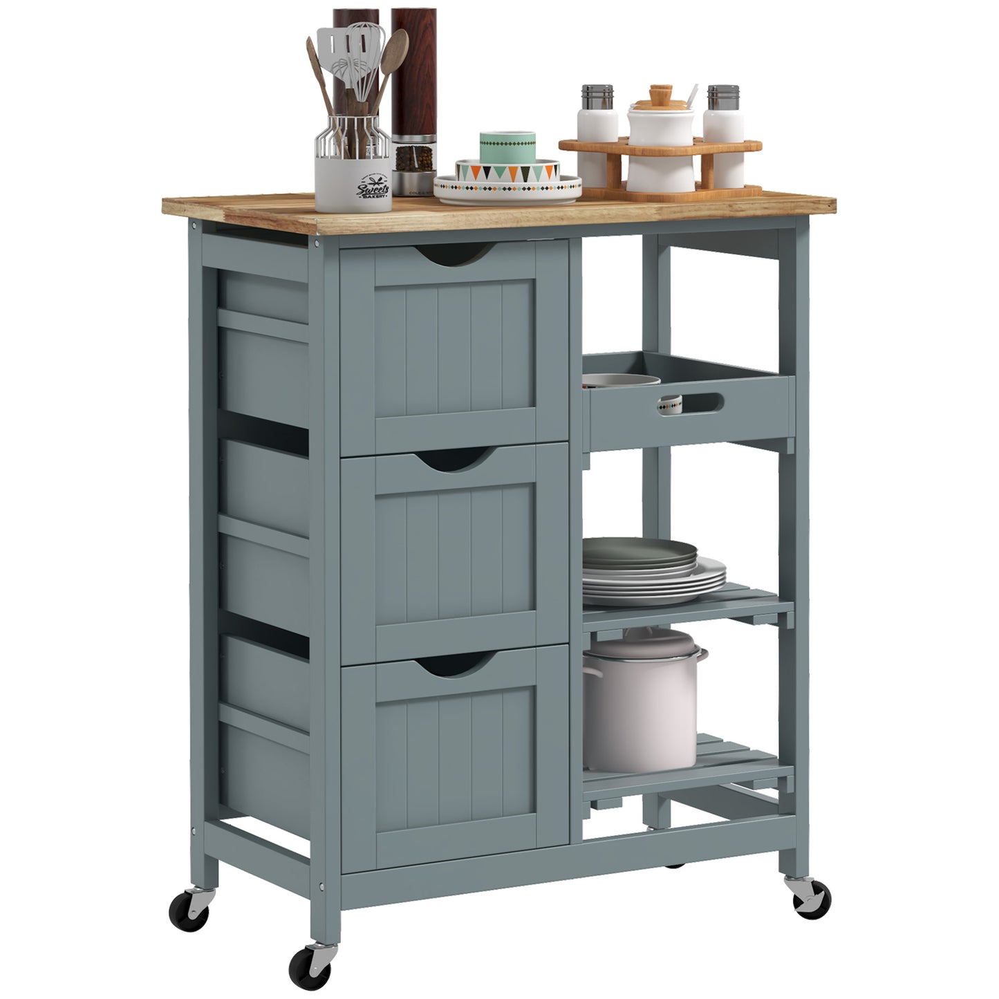 Gray kitchen island cart with butcher block top and three drawers