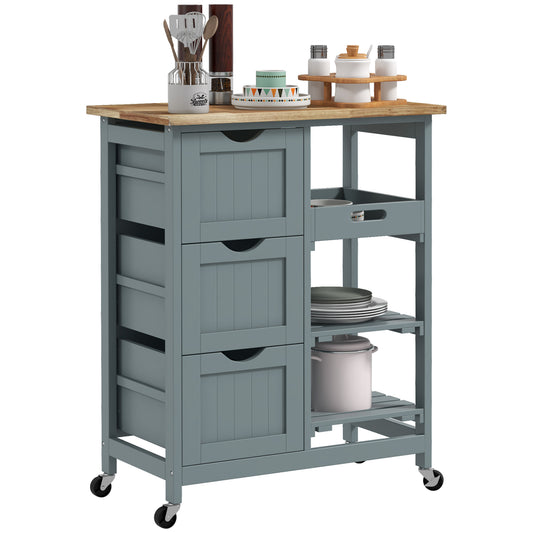 Gray kitchen island cart with butcher block top and three drawers