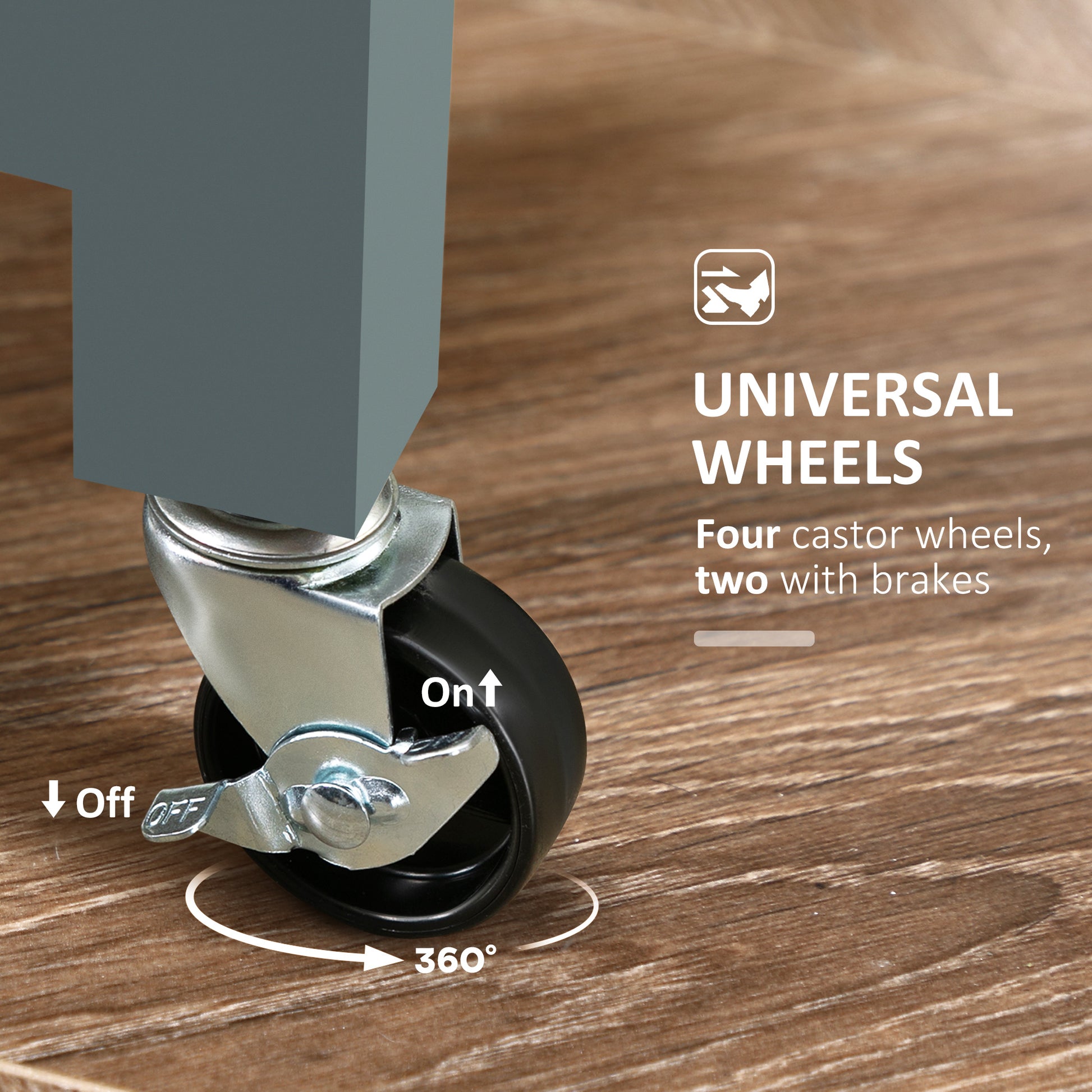 Closeup of a gray cabinet leg with a black universal wheel and brake mechanism