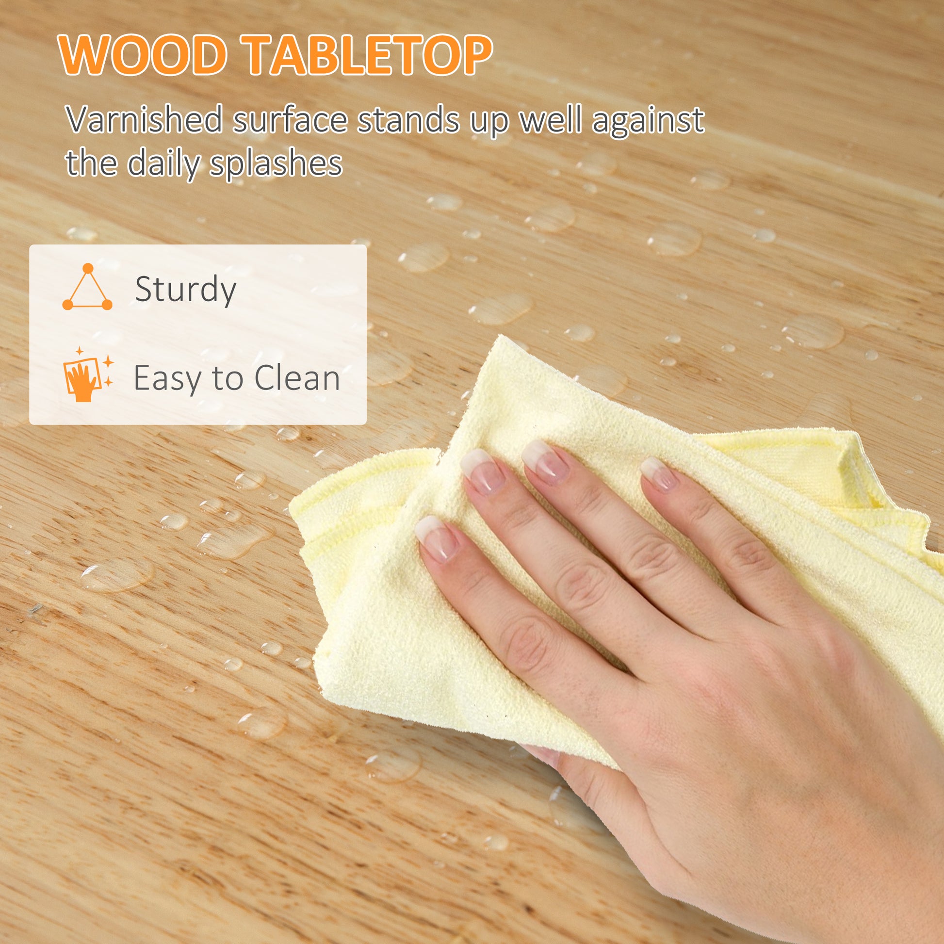 Varnished wood tabletop with water droplets