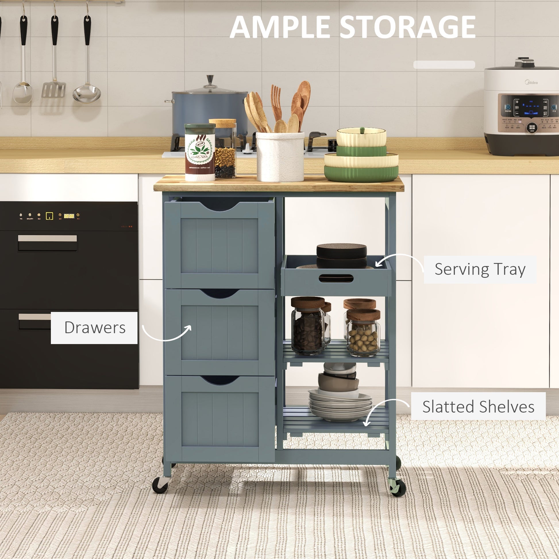Blue kitchen cart with drawers shelves and a wooden top ideal for small spaces