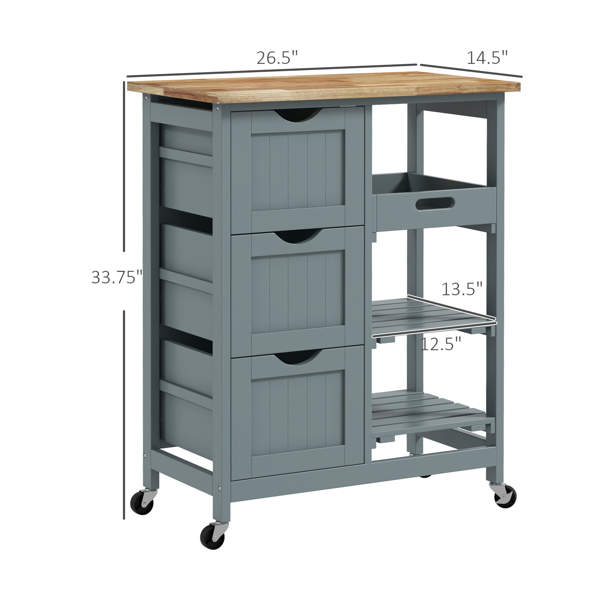 Gray kitchen cart with butcher block top and three drawers
