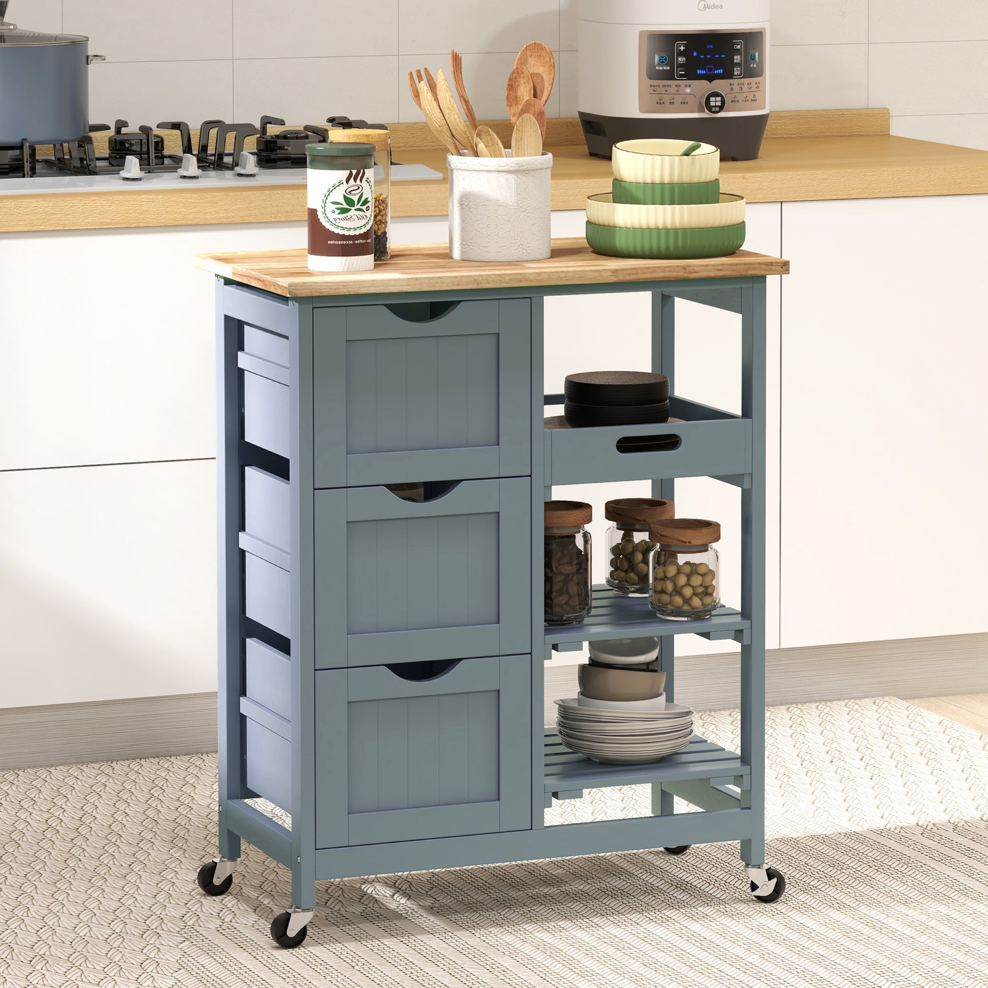 Blue kitchen island cart with wooden top drawers and shelves for organized storage