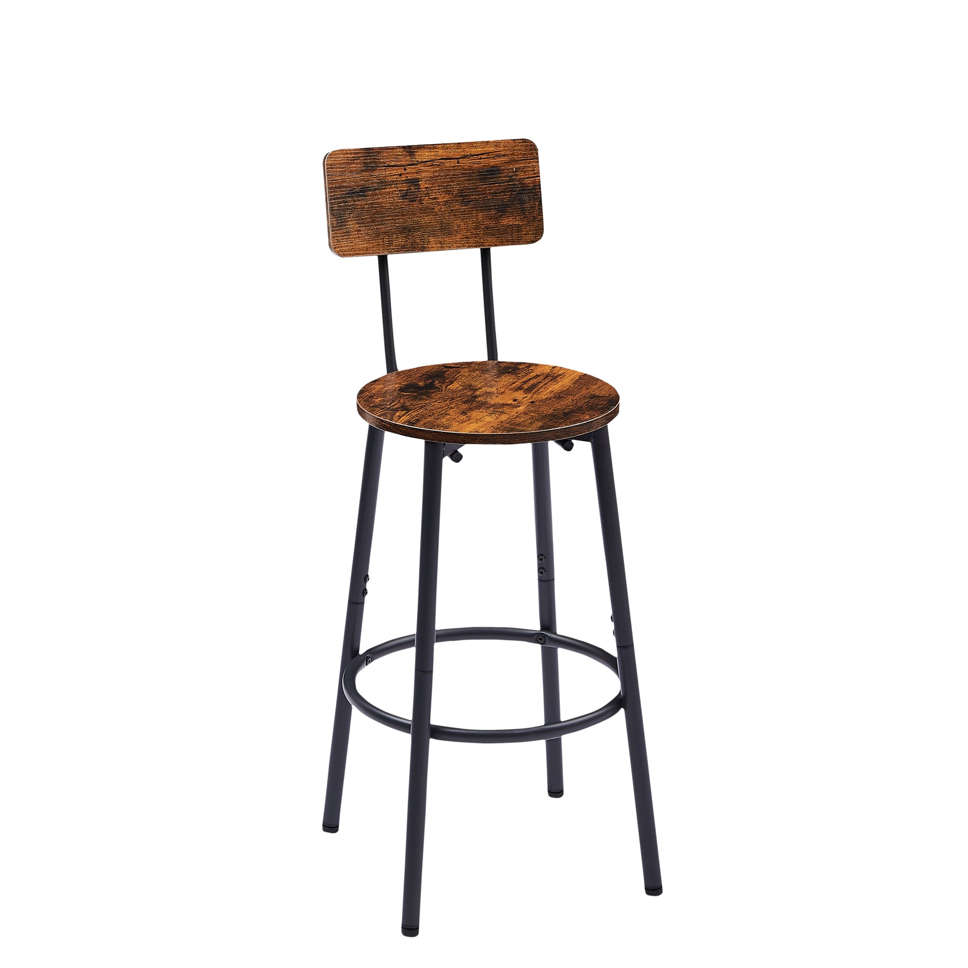 Rustic industrial bar stool with distressed wood seat and back