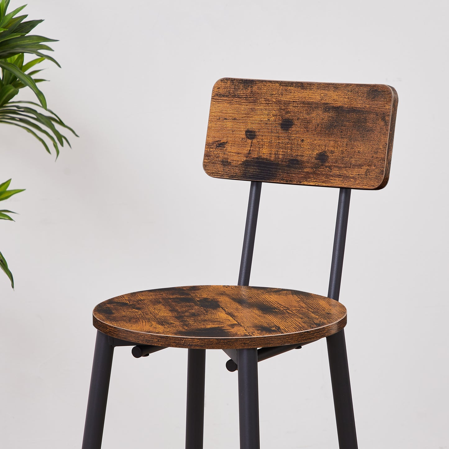Rustic wood grain bar stool with black metal frame