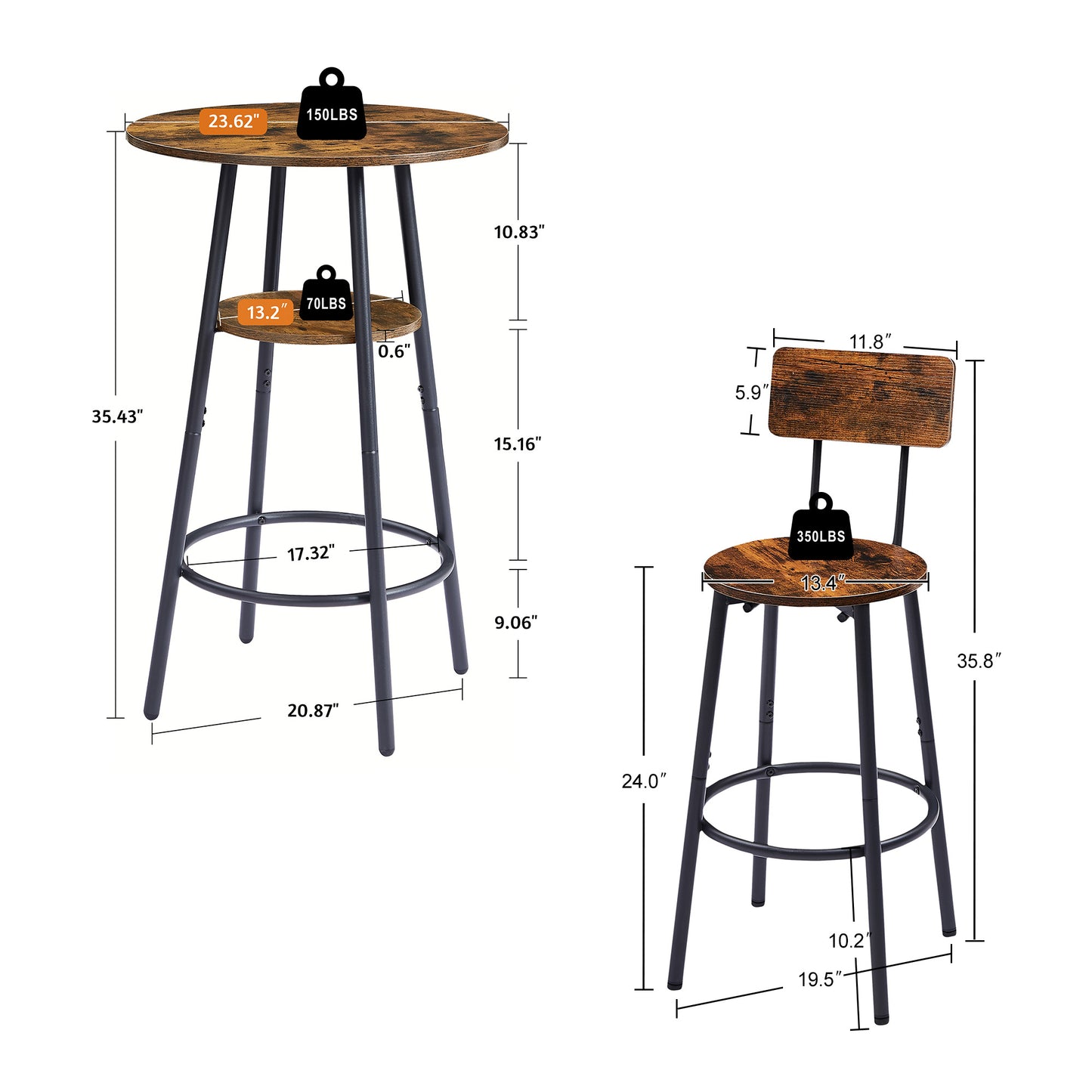 Rustic wood bar stool with backrest and metal legs