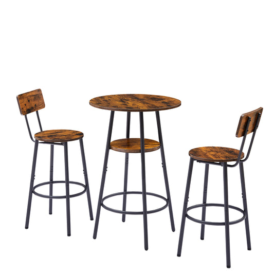 Rustic wood grain bar table with two matching stools