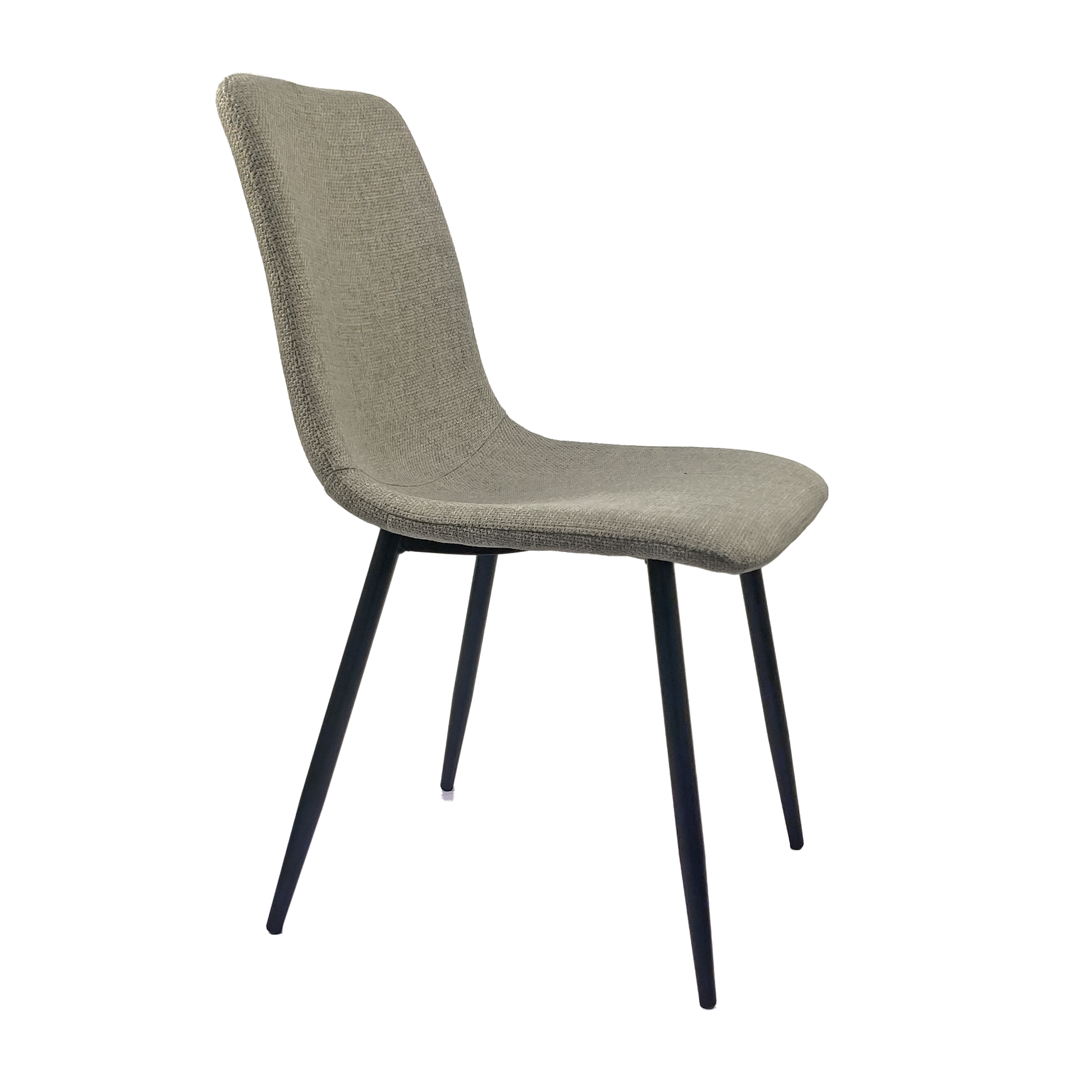 Modern taupe upholstered dining chair with slim black metal legs