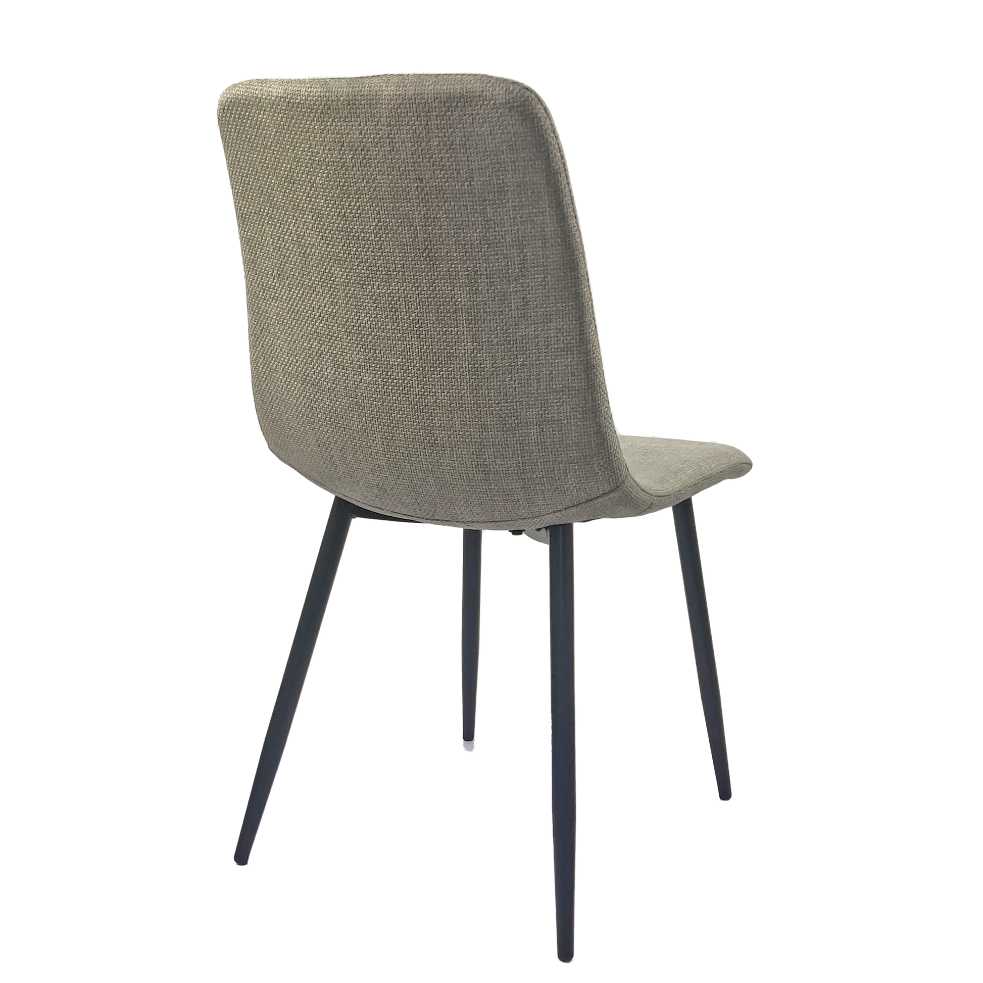 Gray upholstered dining chair with slim metal legs