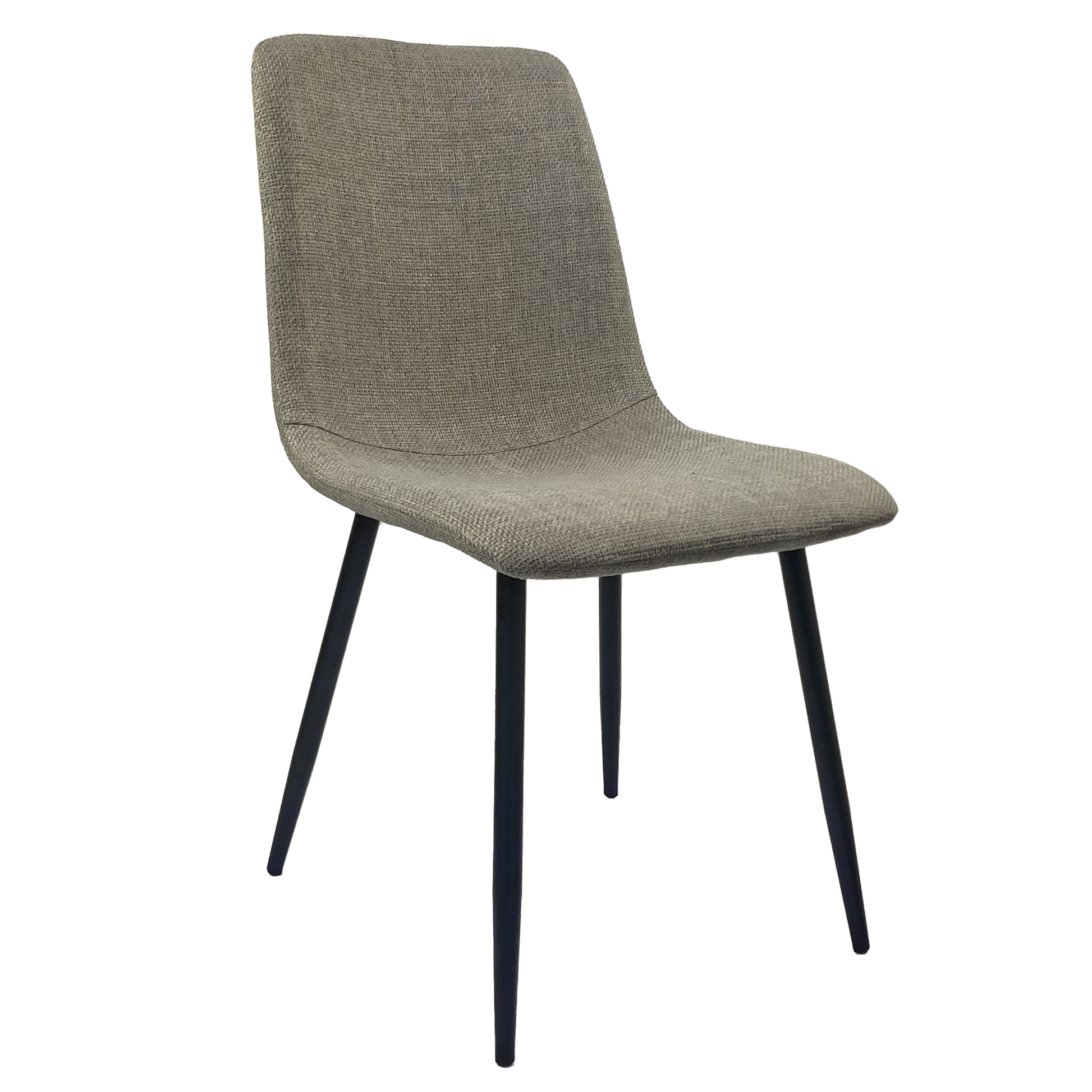 Gray fabric dining chair with black metal legs